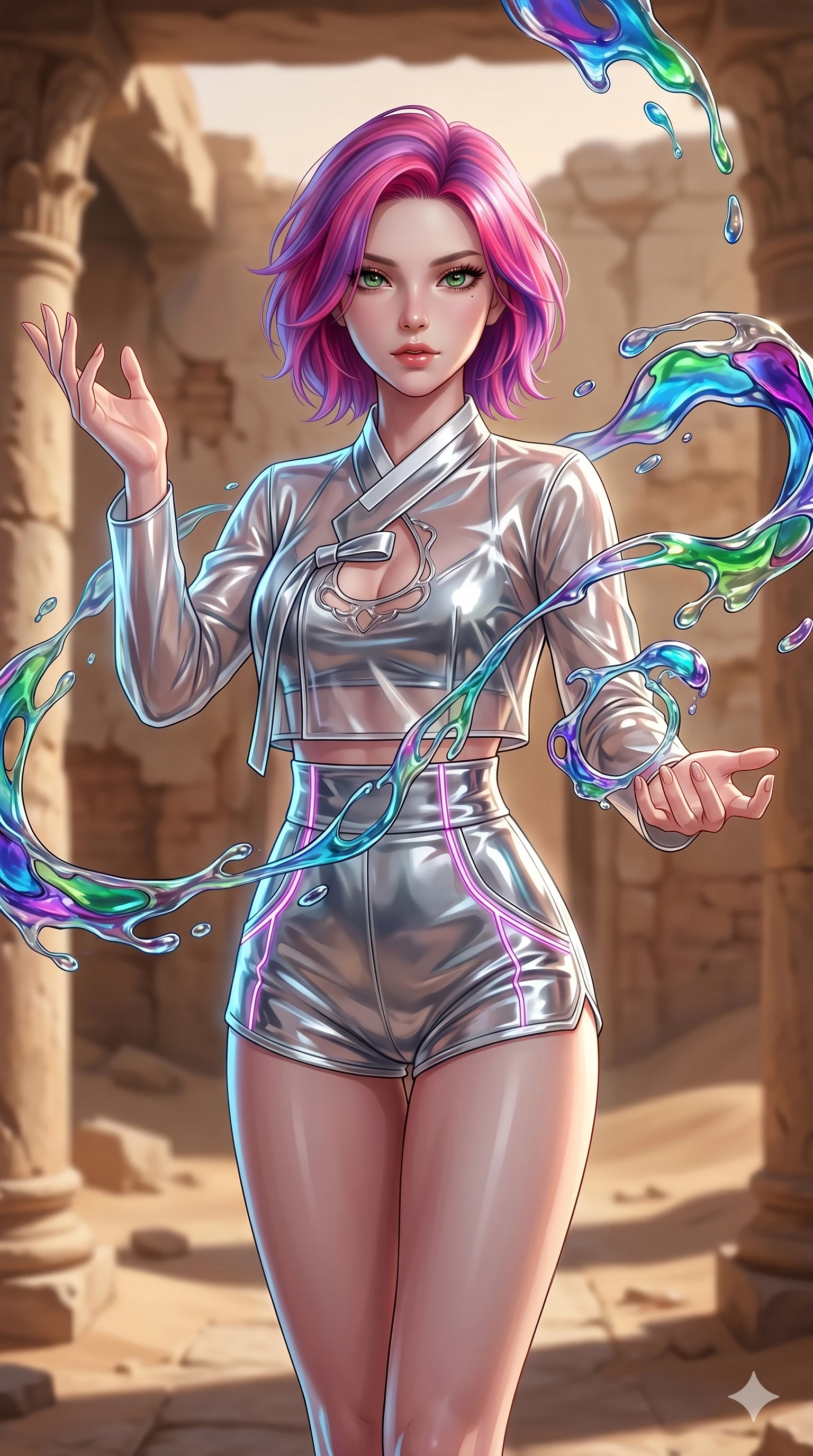 score_9, masterpiece, best quality, ultra-detailed, high-budget anime keyframe, Korean woman. upper body close-up from the thighs up, character filling the screen for maximum presence. interacting with liquid stained-glass that melts and swirls in mid-air inside a crumbling desert ruin, the fluid jewelry floating in suspension. She has an absolutely perfect 8-heads proportion, an exceptionally tall and slender female figure with impossibly long slender legs and an ultra-slim waist. V-shaped jawline, high-bridge nose, intricate jewel-like eyes with depth, thick eyelashes, glossy lips with a natural sheen.. wearing a vinyl liquid mercury fusion hanbok, featuring a translucent chrome-silver vinyl jeogori and high-waist micro-shorts, detailed with glowing neon wire trims and a tasteful chest slit. lit by a soft glowing ambient light and a sharp side key light that traces the sleek contours of her athletic build. 2k, ultra detail, master piece, 9:16 ratio