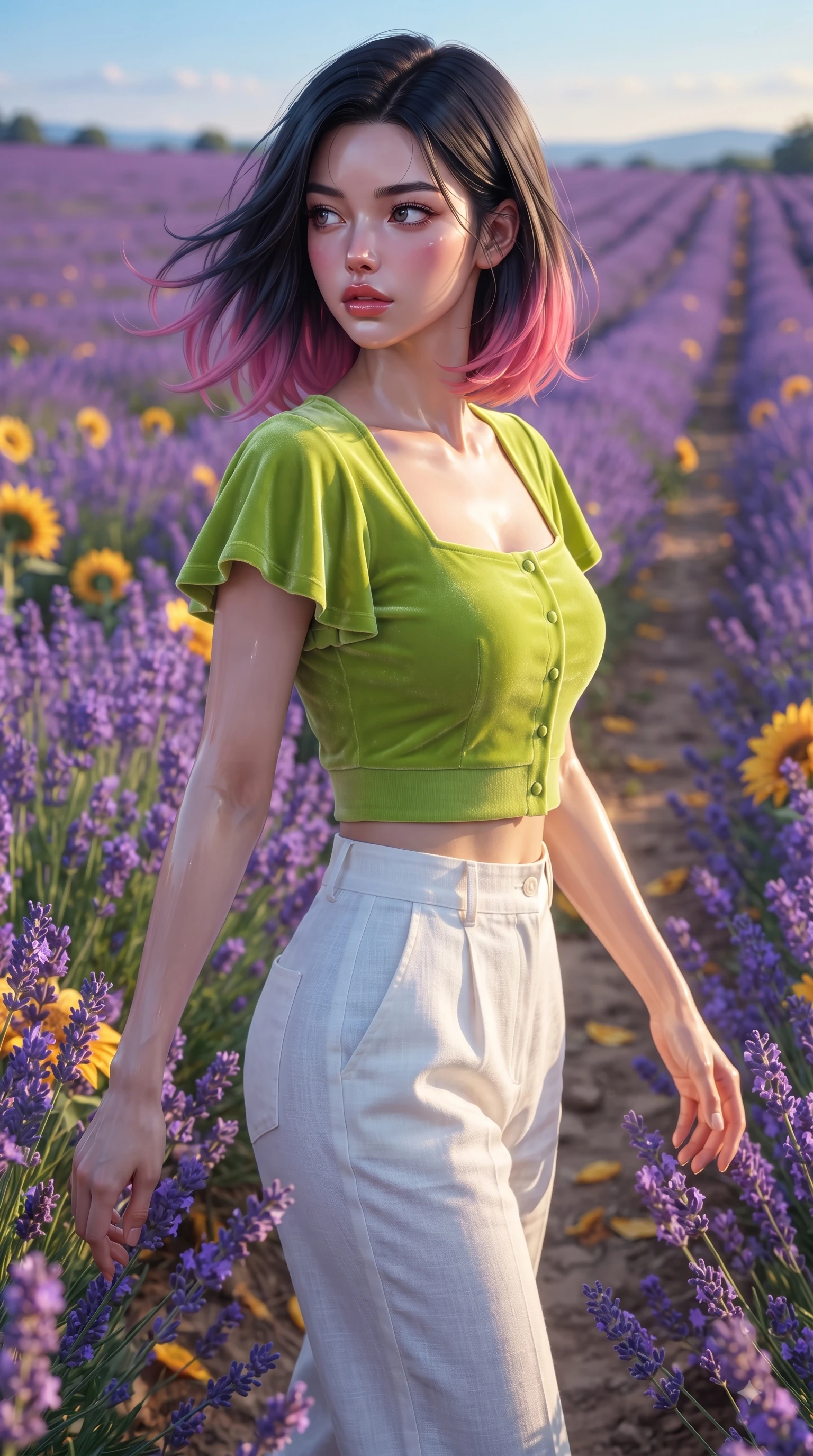 score_9, masterpiece, best quality, ultra-detailed, high-budget anime keyframe, editorial fashion photography, tasteful artistic composition, Korean woman. close-up cowboy shot from the waist and thighs up, the character dominates the composition, filling the frame with her large presence. Seductively magnetic look casting a fiery side-gaze with full glossy lips and smoldering glamour while walking gracefully through an endless field of blooming purple lavender under a twilight sky. The surrounding environment is rendered in vivid detail and crisp panoramic clarity. detailed lavender blossom spikes, golden sunflower petals, and rustic pathway dirt in crisp resolution. She has an exceptionally elegant, slender, and willowy female figure with an ultra-slim waist, a gracefully sculpted slender torso, and a refined silhouette. sharp v-shaped jawline, high-bridge nose, intricate jewel-like eyes with depth, thick eyelashes, glossy lips with a natural sheen, flawlessly proportioned anatomical accuracy, natural body alignment, perfectly sculpted elegant limbs, clean dynamic posture without body distortion. wearing a bright lime green cropped cardigan paired with high-waist white linen trousers in electric azure blue and cloud white, made of premium stretch velvet with a rich glossy sheen, featuring elegant flutter sleeves and a graceful square neckline, the tailored fit highlighting her statuesque and model-like silhouette. surrounded by a romantic, dreamy, and painterly nature editorial atmosphere. ultra-reflective glossy finish, specular highlights, metallic sheen, high-contrast stereoscopic depth, volumetric dynamic lighting, 2k, ultra detail, master piece, 9:16 ratio