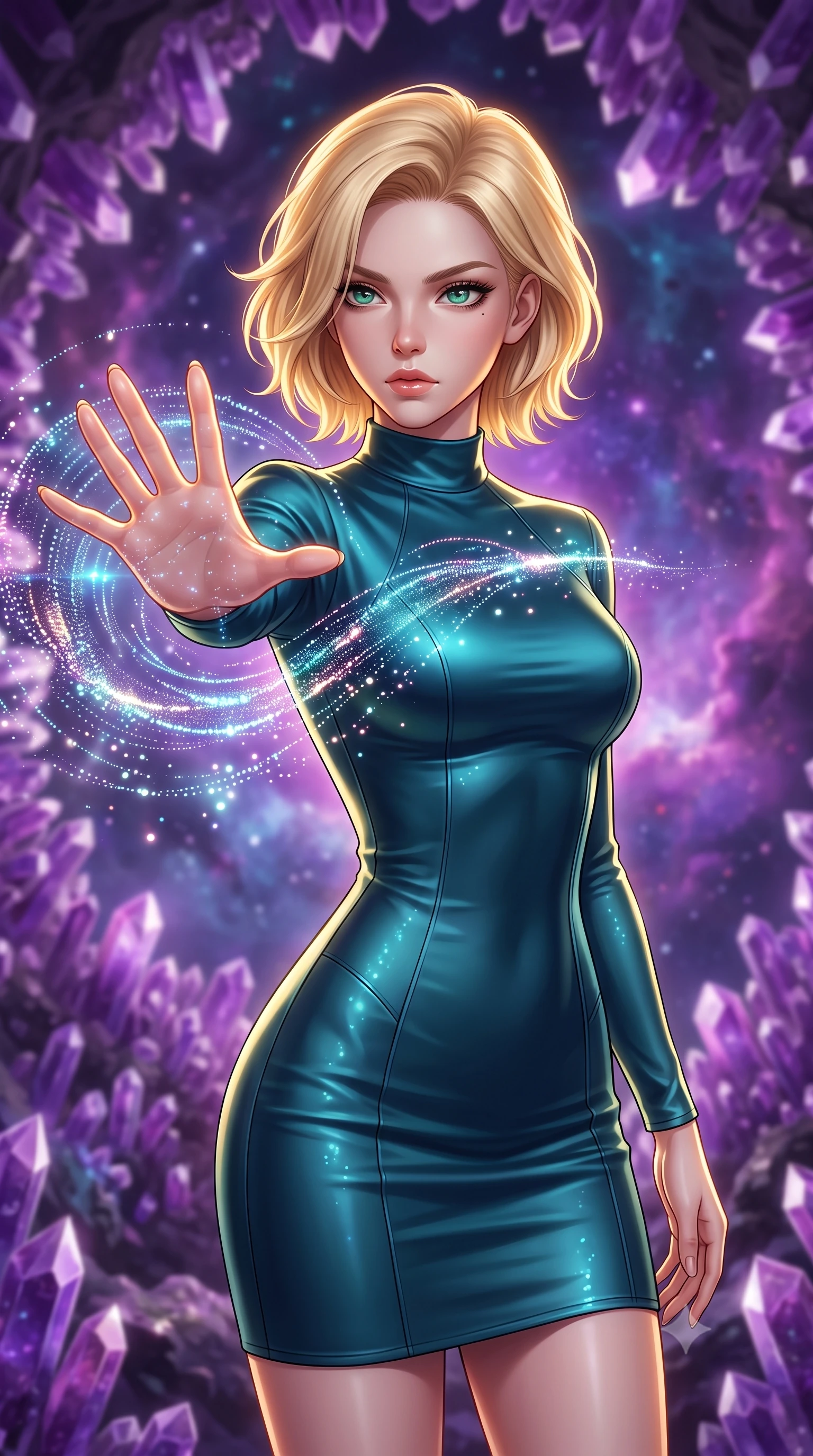 score_9, masterpiece, best quality, ultra-detailed, high-budget anime keyframe, editorial fashion photography, tasteful artistic composition, Caucasian woman, strictly human ears. close-up cowboy shot from the waist and thighs up, the character dominates the composition, filling the frame with her large presence, background elements kept in soft focus. Casting a digital tracking wave with an outstretched hand, her gaze locked on the escaping target. set against a soft-focus background of deep inside a hollow asteroid lined with purple amethyst crystal columns, nebula gas filling the cavern. She has an exceptionally elegant and slender, willowy female figure with an ultra-slim waist, a gracefully sculpted slender torso, and a refined slim physique. sharp v-shaped jawline, high-bridge nose, intricate jewel-like eyes with depth, thick eyelashes, glossy lips with a natural sheen. wearing catching and diffusing the glowing particles, shimmering softly in response to the surrounding light, a tailored form-contouring mock-neck dress in sleek deep teal silk, highlighting her slender build and elegant proportions. highly saturated vibrant anime colors, intense vivid color palette, soft 3D volumetric shading, volumetric dynamic lighting, dramatic chiaroscuro with a single golden key light sculpting her silhouette. 2k, ultra detail, master piece, 9:16 ratio