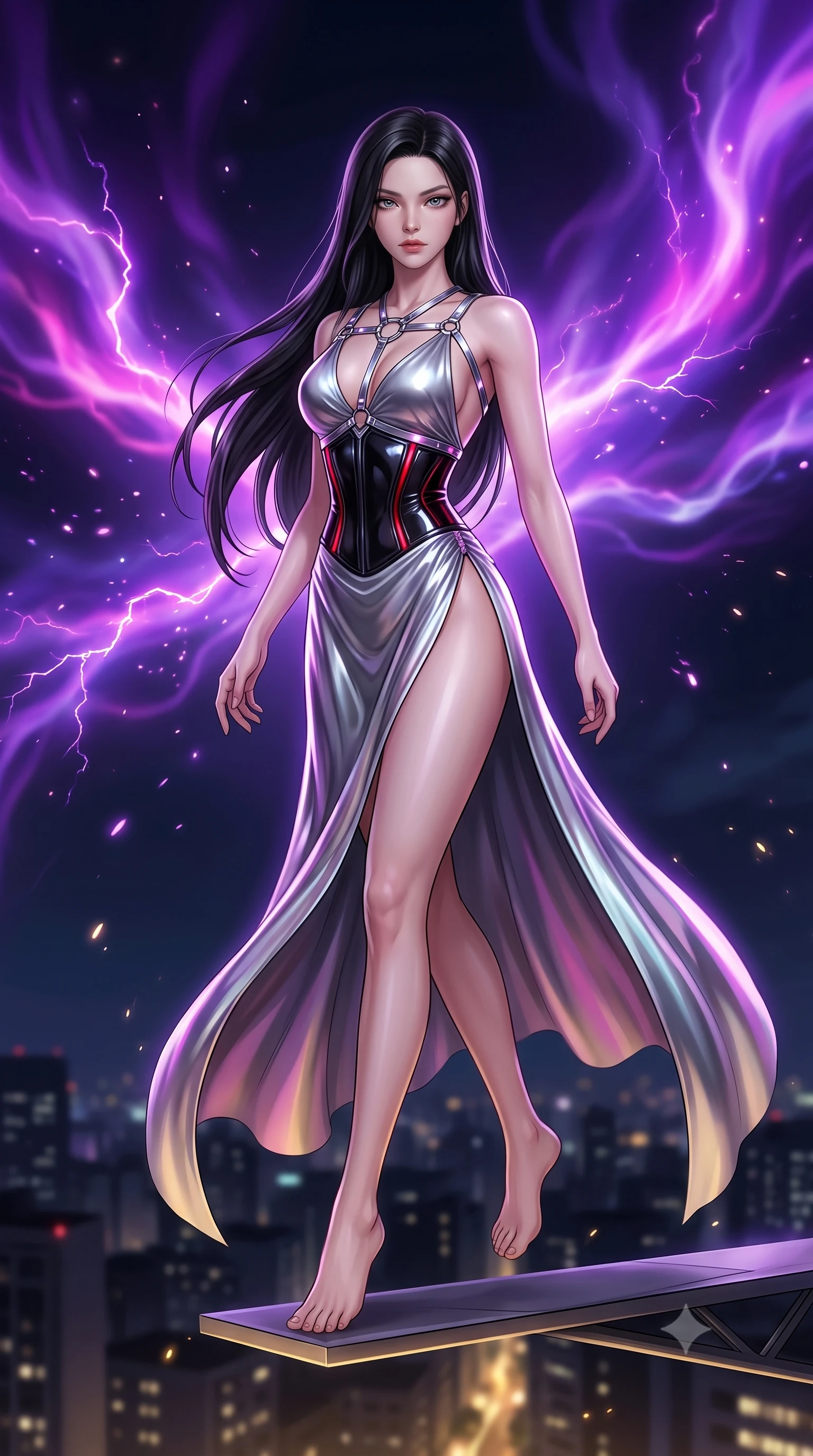 score_9, masterpiece, best quality, ultra-detailed, high-budget anime keyframe, editorial fashion photography, tasteful artistic composition, Korean woman. low angle full-body shot from head to toe showing her feet, filling the entire 9:16 vertical frame with her statuesque presence, stretching her vertical silhouette. performing an alluring mid-air vault with flawless poise, looking directly into the camera with regal, divine intensity while pivoting dynamically on a cantilevered antenna platform as swirling violet and magenta plasma auroras electrify the night sky. The composition keeps background elements in soft focus with creamy bokeh. crackling plasma sparks scattering subtle glowing light motes across a dark nocturnal backdrop. She has an absolutely perfect, statuesque 8.5-heads proportion, an exceptionally tall and slender model-like female figure with impossibly long slender legs, a toned flat midriff, and an ultra-slim waist. sharp v-shaped jawline, high-bridge nose, intricate jewel-like eyes with depth, thick eyelashes, glossy lips with a natural sheen, flawlessly proportioned anatomical accuracy, strict slender model proportions, natural body alignment, perfectly sculpted long slender limbs, ultra-slim waistline, clean dynamic posture without body distortion. wearing a backless molten silver liquid-metal gown with a high-cut side slit and precision-fitted waist boning in high-gloss obsidian black and burning laser crimson accents, made of smooth flowing silk chiffon that shifts colors with movement, reinforced by a sleek metallic chrome harness and delicate glowing micro-straps, the sleek second-skin cut tightly hugging her graceful clavicle, narrow waist, and feminine curves with athletic precision. bathed in vivid violet and electric magenta plasma aurora backlighting with golden city ground bounce. ultra-reflective glossy finish, specular highlights, dark metallic sheen, high-contrast stereoscopic depth, volumetric dynamic lighting, 2k, ultra detail, master piece, 9:16 ratio