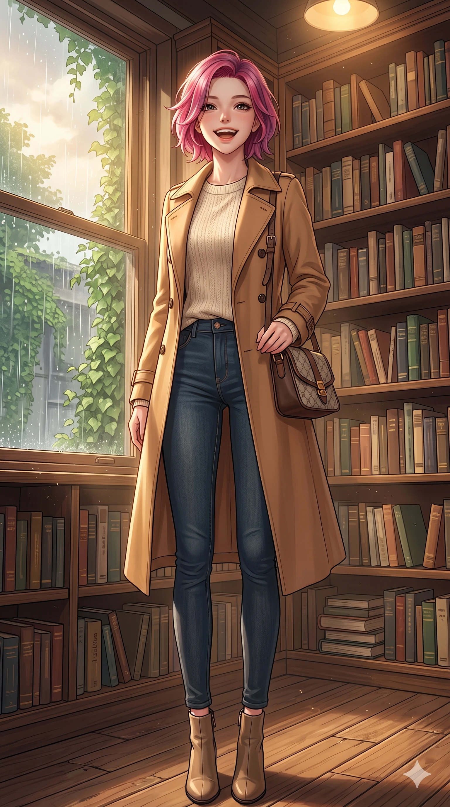 score_9, masterpiece, best quality, ultra-detailed, high-budget anime keyframe, vibrant anime aesthetic, Caucasian woman, strictly human ears. low angle full-body shot from head to toe showing her feet, filling the entire 9:16 vertical frame with her statuesque presence, stretching her vertical silhouette. She is standing in a sun shower, looking up with a happy, laughing expression, gazing warmly at the viewer surrounded by fresh morning mist. inside a cozy retro library corner with floor-to-ceiling bookshelves and a large window showing rain falling on green ivy (Code-P22-037). She has an absolutely perfect 8-heads proportion, an exceptionally tall and slender female figure with impossibly long slender legs and an ultra-slim waist. V-shaped jawline, high-bridge nose, intricate jewel-like eyes with depth, thick eyelashes, glossy lips with a natural sheen. wearing a stylish trench coat in camel over a knit pullover and dark denim jeans with a designer bag. She is illuminated by warm interior lights of a retro bookstore, casting a cozy glow, casting clean highlights that trace her slim waist during a refreshing sun shower. 2k, ultra detail, master piece, 9:16 ratio