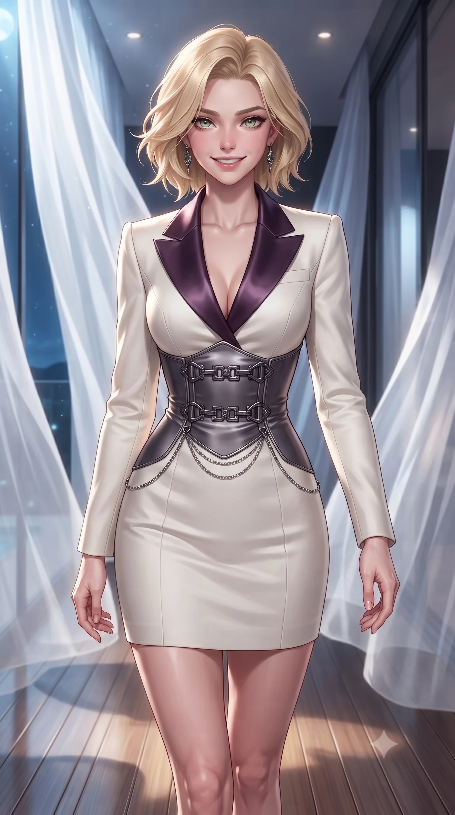 score_9, masterpiece, best quality, ultra-detailed, high-budget anime keyframe, editorial fashion photography, tasteful artistic composition, Caucasian woman. close-up cowboy shot from the waist and thighs up, the character dominates the composition, filling the frame with her large presence, background elements kept in soft focus. Smiling with quiet, magnetic self-assurance directly into the camera, walking across a polished teak floor surrounded by floating sheer white curtains, cold silver moonbeams penetrating glass windows and casting sharp metallic reflections. She has an exceptionally elegant, slender, and willowy female figure with an ultra-slim waist, a gracefully sculpted slender torso, and a refined silhouette. sharp v-shaped jawline, high-bridge nose, intricate jewel-like eyes with depth, thick eyelashes, glossy lips with a natural sheen. wearing tailored ivory tux dress with satin lapels and fitted waist in dark plum violet, made of liquid dark mercury jersey, framed by dark titanium buckles and silver chain details, accentuating her gracefully sculpted slender torso. illuminated by cold silver moonlight rays and soft interior ocean reflections. highly saturated vibrant anime colors, detailed shading with soft gradients, rich glossy textures, high-contrast stereoscopic depth, volumetric dynamic lighting, master piece, 9:16 ratio