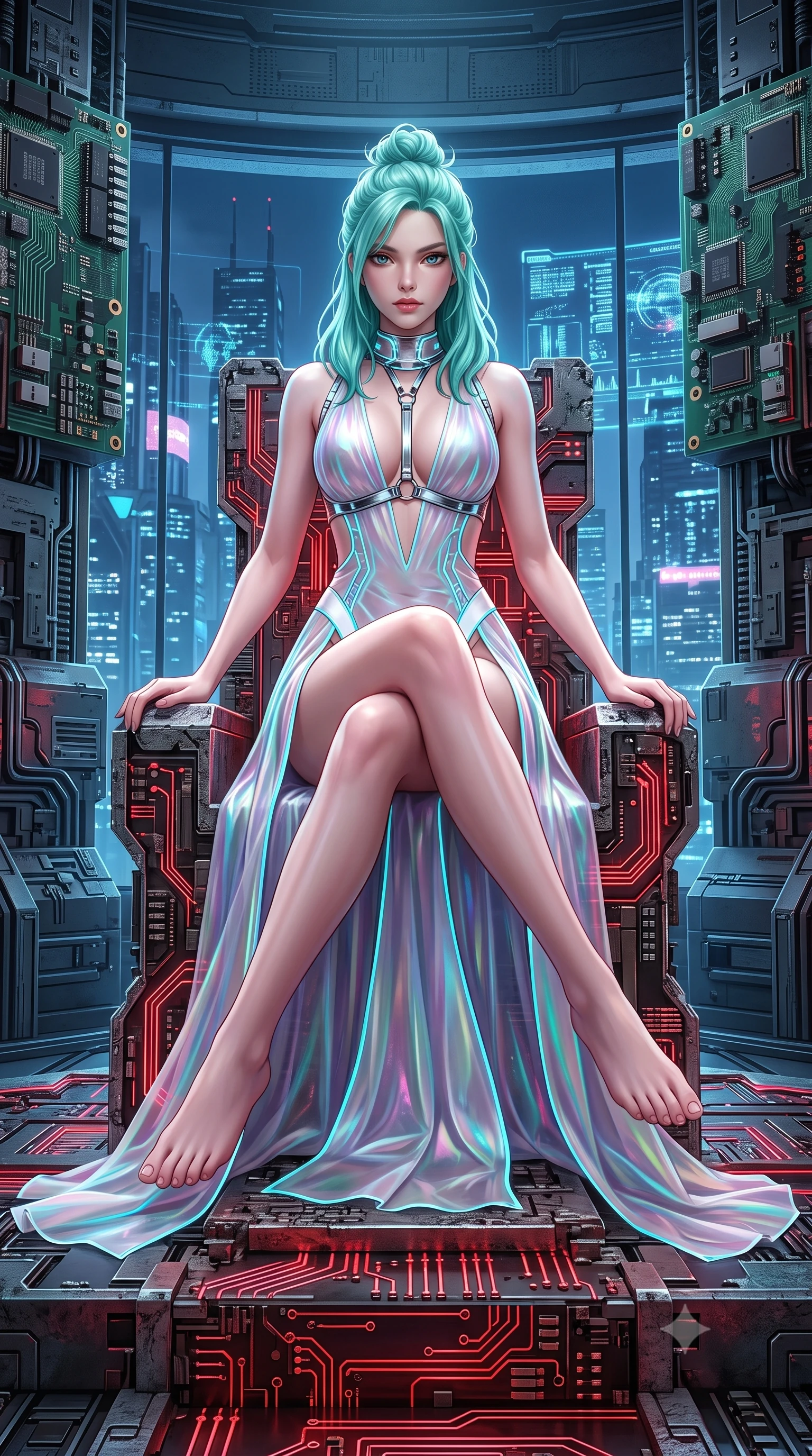 score_9, masterpiece, best quality, ultra-detailed, high-budget anime keyframe, semi-realistic 3D game render, editorial fashion photography, tasteful artistic composition, Japanese woman. low angle full-body shot from head to toe showing her feet, filling the entire 9:16 vertical frame with her statuesque presence, stretching her vertical silhouette. pivoting dynamically in mid-motion with a breathtakingly alluring posture, displaying her flawless model proportions and ultra-slim waist while seated dynamically on a commanding throne of calcified logic boards and glowing red circuits. The surrounding environment is rendered in vivid detail and crisp panoramic clarity. rich high-contrast cybernetic throne room architecture captured with environmental sharpness. She has an absolutely perfect, statuesque 8.5-heads proportion, an exceptionally tall and slender model-like female figure with impossibly long slender legs and an ultra-slim waist. sharp v-shaped jawline, high-bridge nose, intricate jewel-like eyes with depth, thick eyelashes, glossy lips with a natural sheen, flawlessly proportioned anatomical accuracy, natural body alignment, perfectly sculpted elegant limbs, clean dynamic posture without body distortion. wearing a translucent iridescent chiffon gown with a plunging neckline, high dual thigh slits, and an open back in pure snow white latex and glowing cyan circuit seams, tailored from semi-translucent cybernetic vinyl with glowing micro-filaments, reinforced by a sleek metallic chrome harness and delicate glowing micro-straps, the liquid-tight fabric adhering flawlessly to her sculpted torso and slender silhouette. surrounded by a powerful, commanding, and fiercely sensual cybernetic aura. highly saturated vibrant anime colors, detailed shading with soft gradients, rich glossy textures, high-contrast stereoscopic depth, volumetric dynamic lighting, master piece, 9:16 ratio