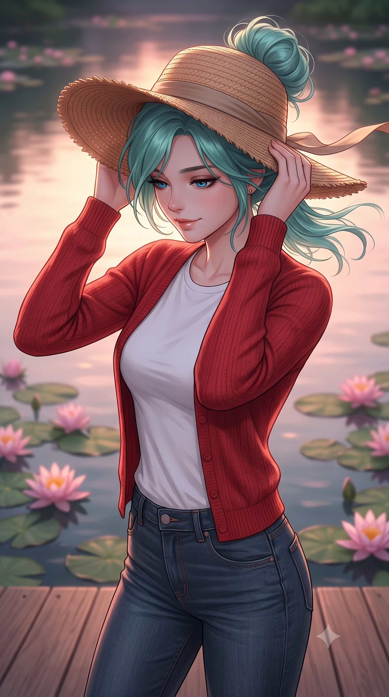 score_9, masterpiece, best quality, ultra-detailed, high-budget anime keyframe, editorial fashion photography, tasteful artistic composition, Japanese woman woman. close-up cowboy shot from the waist and thighs up, the character dominates the composition, filling the frame with her large presence, background elements kept in soft focus. holding a wide-brimmed straw hat with both hands against the breeze, looking down with a soft smile the background shows a soft-focus a wooden deck overlooking a calm pond filled with blooming pink water lilies. She has an exceptionally elegant, slender, and willowy female figure with an ultra-slim waist, a gracefully sculpted slender torso, and a refined silhouette. sharp v-shaped jawline, high-bridge nose, intricate jewel-like eyes with depth, thick eyelashes, glossy lips with a natural sheen. wearing a body-hugging soft red knit cardigan over a white crewneck shirt and dark wash denim jeans. soft twilight glow reflecting on the still water surface. 2k, ultra detail, master piece, 9:16 ratio
