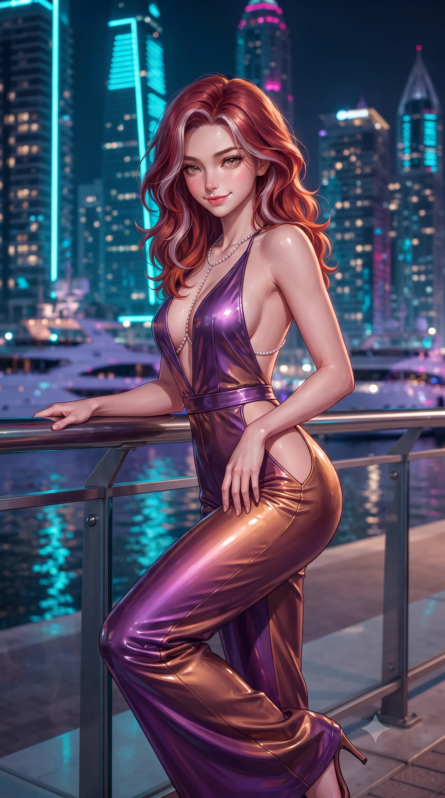 score_9, masterpiece, best quality, ultra-detailed, high-budget anime keyframe, editorial fashion photography, tasteful artistic composition, Caucasian woman. close-up cowboy shot from the waist and thighs up, the character dominates the composition, filling the frame with her large presence. tilting her head with a teasing half-smile, running one hand slowly down the side of her hip in a flirtatious S-curve as ambient light caresses her silhouette while leaning against the glass-and-steel promenade railing with one knee bent, neon reflections dancing across her narrow waist and hips. The background shows a soft-focus colossal glass skyscrapers soaring hundreds of meters into the night sky, neon-lit luxury mega-yachts, and glowing canal waters blurred into cyan, violet, and gold bokeh. She has an exceptionally elegant, slender, and willowy female figure with an ultra-slim waist, flat toned midriff, narrow ribcage, and sculpted feminine hips creating an alluring, slim hourglass silhouette without bulk. sharp v-shaped jawline, high-bridge nose, intricate jewel-like sparkling eyes with depth, thick eyelashes, glossy parted lips with a natural peach sheen, bright cheerful beaming smile with an enchanting and coquettish sensual glint, exuding both youthful cute charm and seductive allure, flawlessly proportioned anatomical accuracy, strict slender model proportions, natural body alignment, perfectly sculpted long slender limbs, ultra-slim waistline, clean dynamic posture without body distortion. wearing a backless plunge-front silk satin jumpsuit with fluid wide-leg silhouette and daring side hip cutouts in Mirage sunset amethyst purple and warm bronze, crafted from wet-look high-gloss vinyl fabric with dazzling specular surface reflections, accented with a pearl-drop body harness subtly framing her dewy collarbones and spine, the second-skin tailored fabric adhering flawlessly to her sculpted flat midriff and slender torso, emphasizing her long leg lines and perfectly proportioned willowy build. bathed in intense saturated cyan, magenta, and gold neon architectural facade lighting reflecting in dark marina water. ultra-reflective glossy finish, specular highlights, rich textural contrasts, high-contrast stereoscopic depth, volumetric dynamic lighting, 2k, ultra detail, master piece, 9:16 ratio