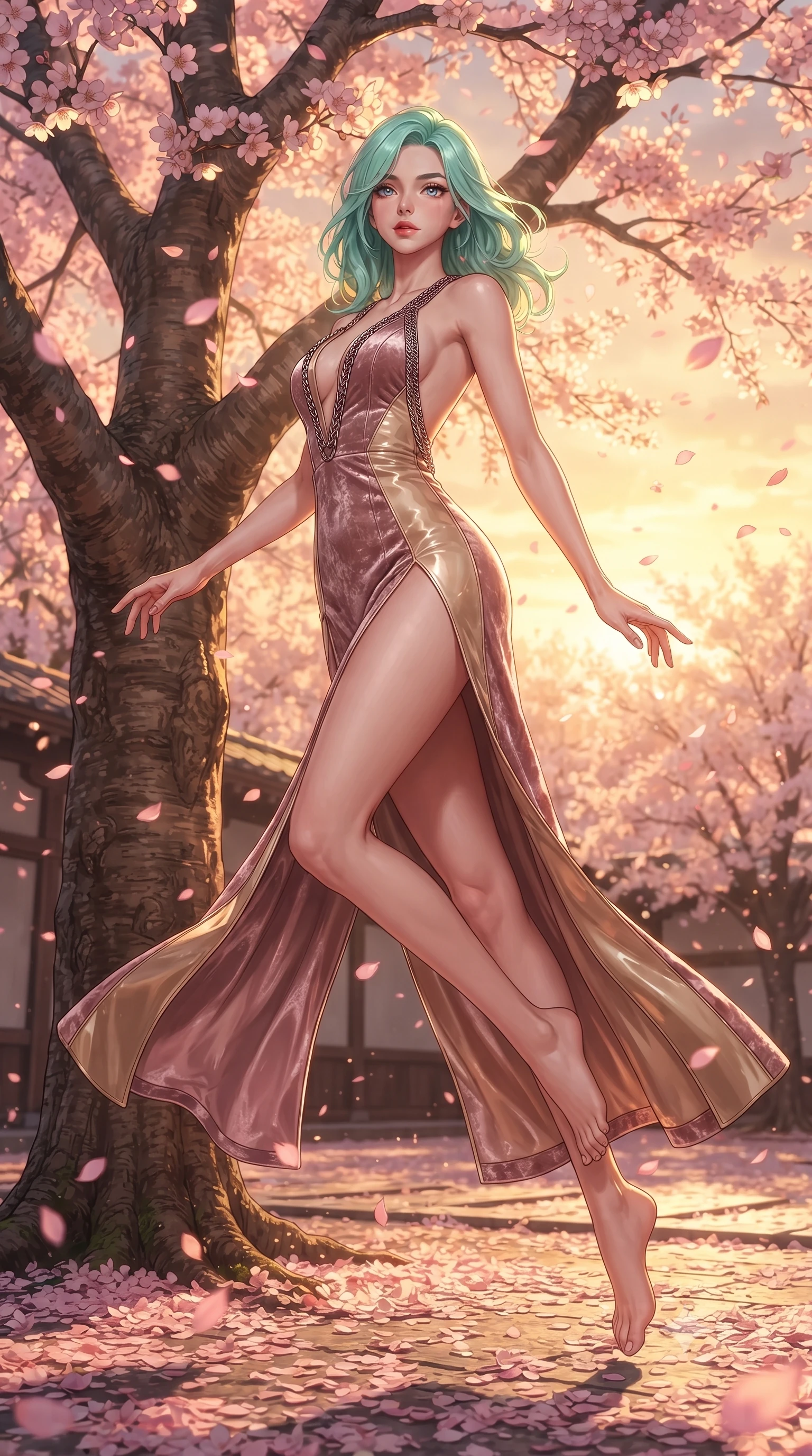 score_9, masterpiece, best quality, ultra-detailed, high-budget anime keyframe, editorial fashion photography, tasteful artistic composition, Japanese woman. low angle full-body shot from head to toe showing her feet, filling the entire 9:16 vertical frame with her statuesque presence, stretching her vertical silhouette. leaping gracefully through the environment with statuesque elegance and long slender legs resting against a courtyard cherry blossom tree as pink petals rain softly around her, fluttering cherry blossom petals catching warm golden sunset highlights. She has an absolutely perfect, statuesque 8.5-heads proportion, an exceptionally tall and slender model-like female figure with impossibly long slender legs and an ultra-slim waist. sharp v-shaped jawline, high-bridge nose, intricate jewel-like eyes with depth, thick eyelashes, glossy lips with a natural sheen. wearing a backless crushed velvet gown with a deep V-neckline and high thigh slit in dusty rose and champagne gold, tailored from high-gloss patent leather, adorned with delicate metallic chain straps along the neckline, the tailored fabric tightly following every curve of her athletic build. surrounded by a serene, nostalgic golden aura with soft backlighting. highly saturated vibrant anime colors, detailed shading with soft gradients, rich glossy textures, high-contrast stereoscopic depth, volumetric dynamic lighting, master piece, 9:16 ratio