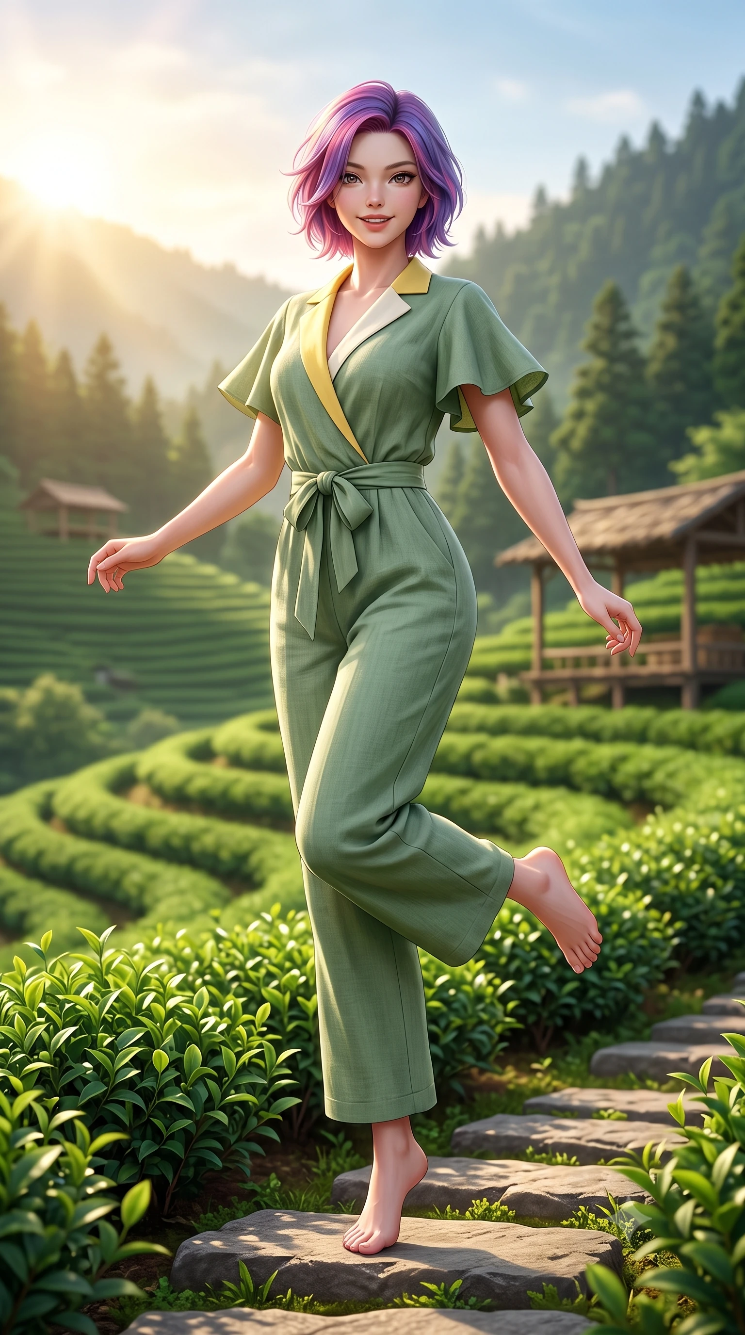 score_9, masterpiece, best quality, ultra-detailed, high-budget anime keyframe, semi-realistic 3D game render, editorial fashion photography, tasteful artistic composition, Caucasian woman. low angle full-body shot from head to toe showing her feet, filling the entire 9:16 vertical frame with her statuesque presence, stretching her vertical silhouette. standing poised on one leg with a playful hop and joyful expression, her long legs and slender figure highlighted against the landscape while pivoting dynamically on a stone garden step as the first rays of morning sun break over the emerald tea terraces. The composition keeps background elements in soft focus with creamy bokeh. distant pine-covered mountain peaks and rustic tea drying pavilions softened in atmospheric depth. She has an absolutely perfect, statuesque 8.5-heads proportion, an exceptionally tall and slender model-like female figure with impossibly long slender legs, a toned flat midriff, and an ultra-slim waist. sharp v-shaped jawline, high-bridge nose, intricate jewel-like eyes with depth, thick eyelashes, glossy lips with a natural sheen, pure and lovely fresh girlhood expression, flawlessly proportioned anatomical accuracy, strict slender model proportions, natural body alignment, perfectly sculpted long slender limbs, ultra-slim waistline, clean dynamic posture without body distortion. wearing a relaxed sage green linen jumpsuit with a tied waist sash and folded collar in fresh buttercup yellow and clean cream white, tailored from crisp organic cotton poplin, featuring elegant flutter sleeves and a graceful open collar, the tailored casual silhouette highlighting her fresh and youthful presence and perfectly proportioned slender frame. surrounded by a peaceful, pristine, and deeply refreshing morning goddess aura. highly saturated vibrant anime colors, detailed shading with soft gradients, rich glossy textures, high-contrast stereoscopic depth, volumetric dynamic lighting, master piece, 9:16 ratio
