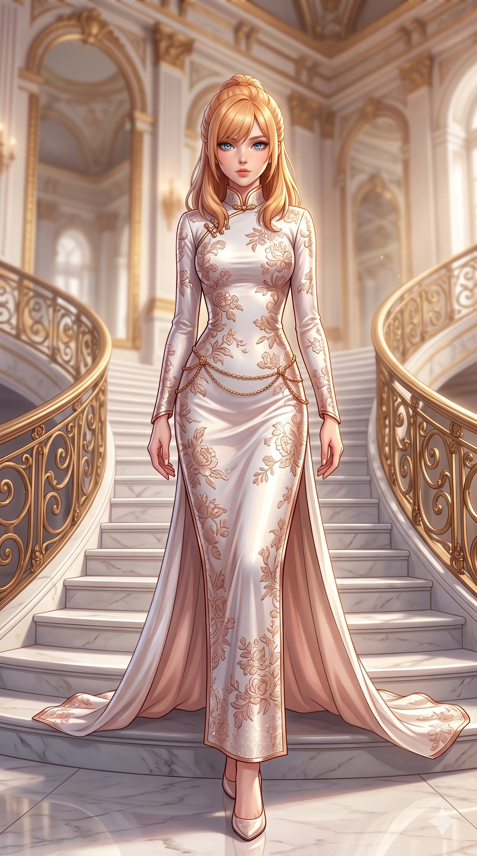 score_9, masterpiece, best quality, ultra-detailed, high-budget anime keyframe, semi-realistic 3D game render, editorial fashion photography, tasteful artistic composition, Caucasian woman. low angle full-body shot from head to toe showing her feet, filling the entire 9:16 vertical frame with her statuesque presence, stretching her vertical silhouette. stepping forward in a confident stride, her long slender legs and curvaceous hips creating a dynamic, sweeping vertical line while standing poised halfway down the sweeping grand staircase, arching her lower back with sovereign authority as her flowing silk train drapes along the steps. The background shows a soft-focus sweeping curved white marble stairs, monumental gilded bronze banister scrollwork, and towering arched palace mirrors blurred into alabaster, gold, and champagne bokeh. She has an exceptionally tall and slender model-like 8.5-heads proportion, an ultra-slim waist, a flat toned midriff, narrow delicate ribcage, and beautifully sculpted feminine hips creating a graceful, slim hourglass silhouette without any bulky heaviness, with impossibly long slender legs. sharp v-shaped jawline, high-bridge nose, intricate jewel-like sparkling eyes with depth, thick eyelashes, glossy parted lips with a natural sheen, intensely captivating and seductive bedroom-eyes expression, exuding both youthful cute charm and sovereign luxury allure, flawlessly proportioned anatomical accuracy, strict slender model proportions, natural body alignment, perfectly sculpted long slender limbs, ultra-slim waistline, clean dynamic posture without body distortion. wearing a prestigious high-neck long-sleeve silk cheongsam evening gown with modest silhouette and embroidered floral crests in celestial porcelain white and rose-gold, crafted from luxurious metallic lamé that shifts radiance with every step, accented with a delicate gold chain belt resting loosely on her curvy hips, the impeccably tailored cut draping gracefully along her slender figure with aristocratic poise. illuminated by white marble floor bounce and sharp diamond-gold rim lights carving her sculpted collarbones, ultra-slim waist, and curvy hips. highly saturated vibrant anime colors, detailed shading with soft gradients, rich glossy textures, high-contrast stereoscopic depth, volumetric dynamic lighting, master piece, 9:16 ratio