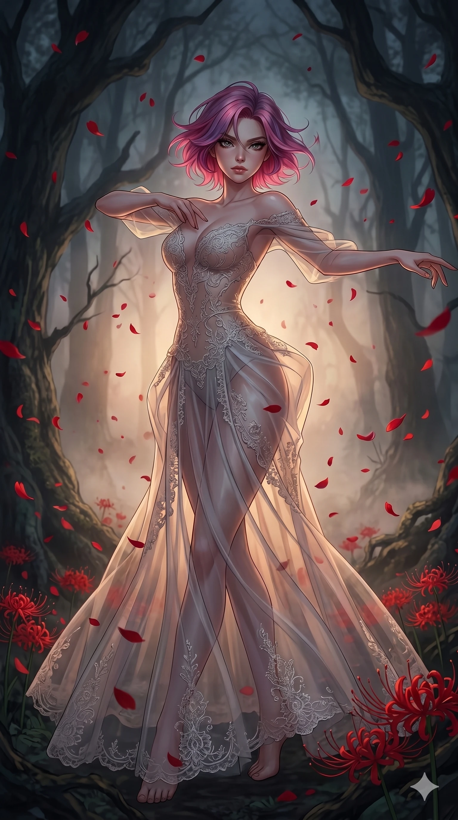 score_9, masterpiece, best quality, ultra-detailed, High-budget Anime Keyframe, East Asian woman. Low angle cowboy shot filling the entire 9:16 frame with her statuesque presence. Scenario 105: Dancing amidst falling red spider lilies in a misty dark forest. Her presence is magnetic and overpowering in this high-budget anime scene. Outfit 105: A sheer organza exposed-shoulder with a sculptural leg-extending silhouette and delicate lace embroidery. The clothing is designed to emphasize her exceptionally tall and slender 8-heads proportion. 8-heads proportion, towering silhouette, ultra-slim waist. sharp v-shaped jawline, intricate jewel-like eyes with depth, thick eyelashes, glossy lips. 2k, ultra detail, master piece, 9:16 ratio