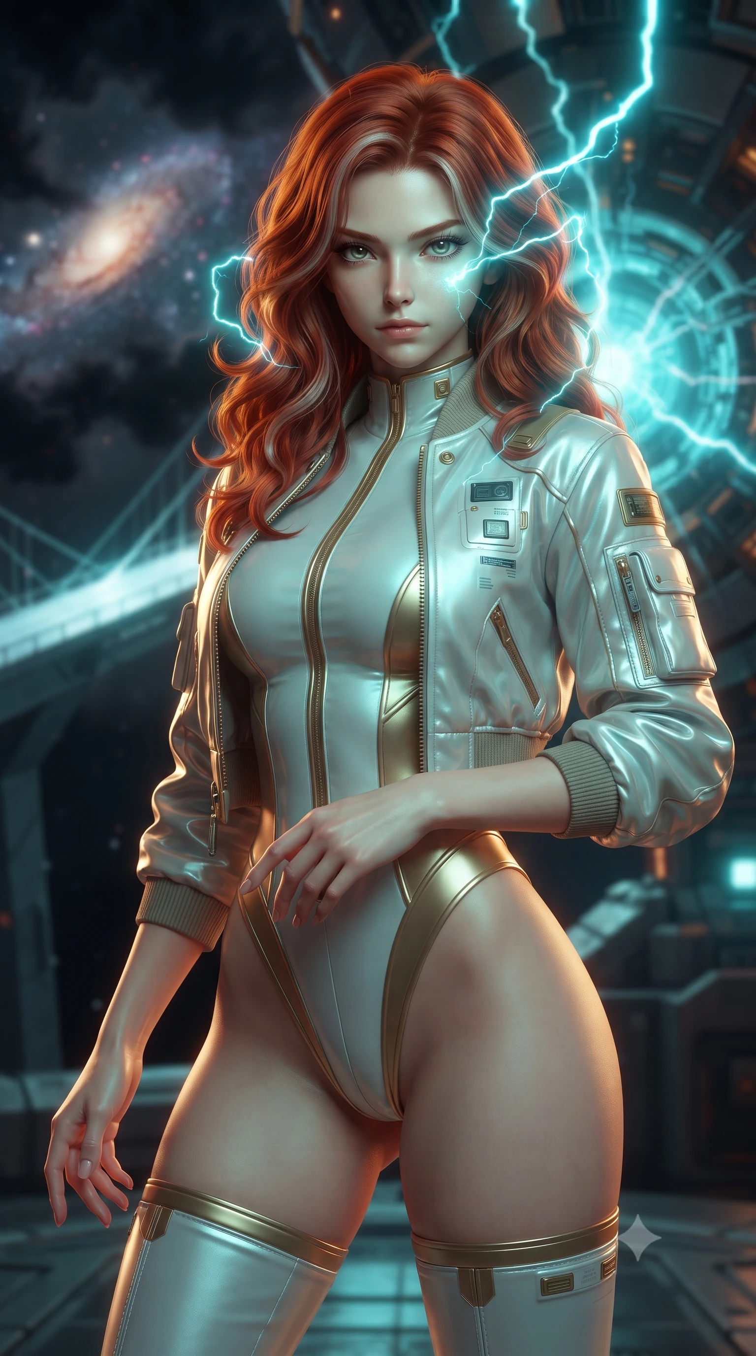 score_9, masterpiece, best quality, ultra-detailed, high-budget anime keyframe, editorial fashion photography, tasteful artistic composition, realistic cosplay photography, Caucasian woman, strictly human ears. close-up cowboy shot from the waist and thighs up, the character dominates the composition, filling the frame with her large presence, background elements kept in soft focus. Overloading the reactor core, her face illuminated by the bright cyan electrical energy arcing around her. set against a soft-focus background of a bridge of light spanning a dark void, black gas clouds blocking the light of a distant galaxy cluster. She has an exceptionally elegant and slender, willowy female figure with an ultra-slim waist, a gracefully sculpted slender torso, and a refined slim physique. sharp v-shaped jawline, high-bridge nose, intricate jewel-like eyes with depth, thick eyelashes, glossy lips with a natural sheen. wearing catching and diffusing the glowing particles, shimmering softly in response to the surrounding light, a tailored sleek white and gold bodysuit with high-cut hips, paired with a matching open tactical bomber jacket and thigh-high boots. warm amber rim lighting combined with cool teal fill light creating dramatic contrast. ultra-reflective glossy finish, specular highlights, metallic sheen, high-contrast stereoscopic depth, volumetric dynamic lighting, 2k, ultra detail, master piece, 9:16 ratio