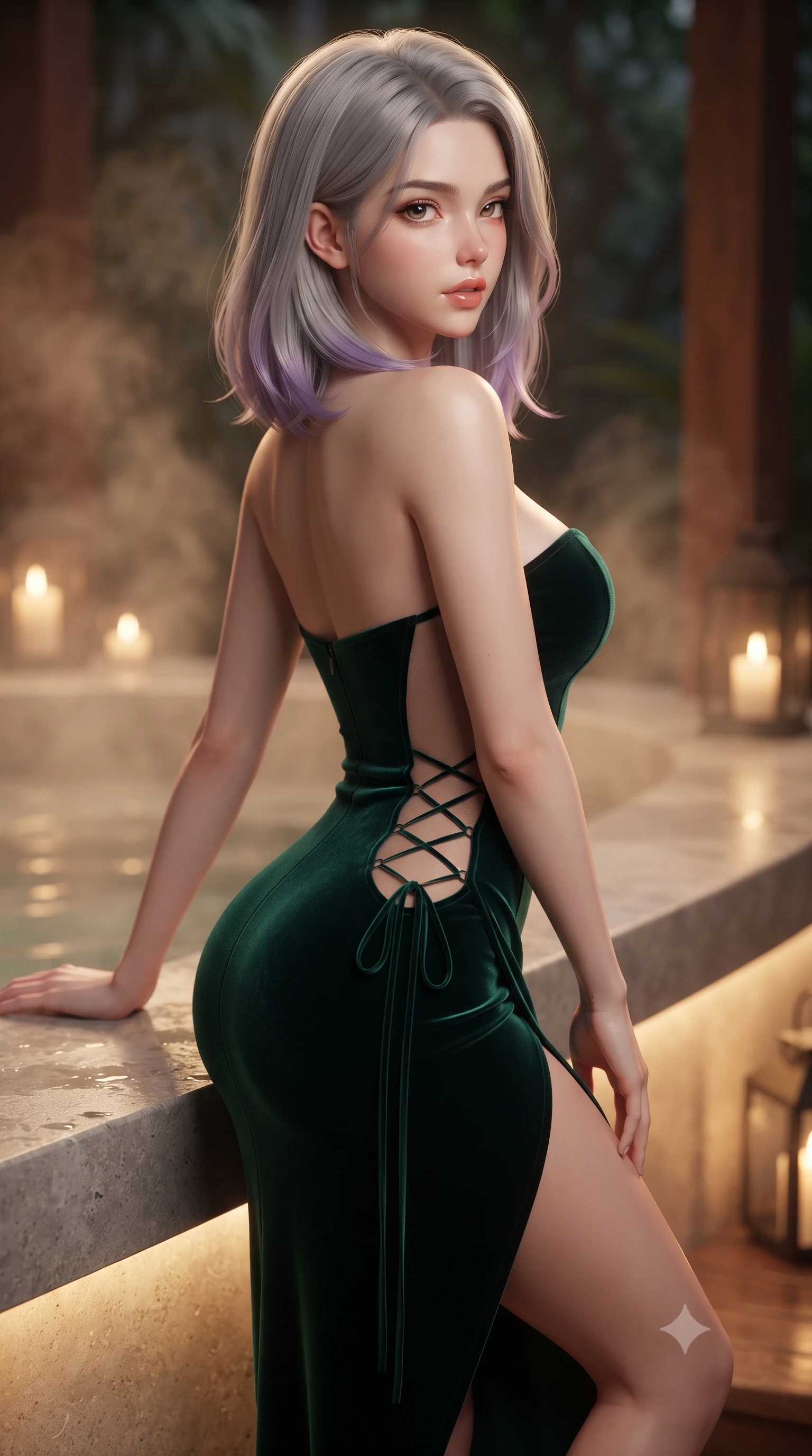 score_9, masterpiece, best quality, ultra-detailed, high-budget anime keyframe, editorial fashion photography, tasteful artistic composition, Caucasian woman. close-up cowboy shot from the waist and thighs up, the character dominates the composition, filling the frame with her large presence. posing in an alluring rear three-quarter angle, looking over a bare shoulder with parted glossy lips, her hips cocked back to highlight her slim hourglass curve while leaning back against the smooth stone tub rim with hips cocked back, looking over a bare shoulder through tropical steam with an intoxicating bedroom-gaze. The background shows a soft-focus rising warm herbal steam softened in sensual tropical wellness shallow focus. She has an exceptionally elegant, slender, and willowy female figure with an ultra-slim waist, flat toned midriff, narrow ribcage, and sculpted feminine hips creating an alluring, slim hourglass silhouette without bulk. sharp v-shaped jawline, high-bridge nose, sparkling eyes with hypnotic seductive depth, thick curled eyelashes, glossy parted lips with a natural dewy peach sheen, alluring bedroom-eyes with an enchanting coquettish smile, exuding magnetic siren charisma and sophisticated glamour, flawlessly proportioned anatomical accuracy, strict slender model proportions, natural body alignment, perfectly sculpted long slender limbs, ultra-slim waistline, clean dynamic posture without body distortion. wearing a deep sweetheart-neckline velvet bodycon dress with sheer side-torso cutouts accentuating her hourglass curves in Monaco casino emerald and royal champagne, made of semi-opaque stretch illusion mesh with soft shadowy contours, featuring fine criss-cross lace-up side ties revealing tantalizing glimpses of her hip curve, the high-slit wrap tailoring accentuating her ultra-slim waistline and the enchanting curve of her feminine hips with alluring seductive charm. bathed in soft 2400K concealed warm LED cove lighting glowing beneath the ironwood platform mixed with candle lanterns. ultra-reflective glossy finish, specular highlights, rich textural contrasts, high-contrast stereoscopic depth, volumetric dynamic lighting, 2k, ultra detail, master piece, 9:16 ratio