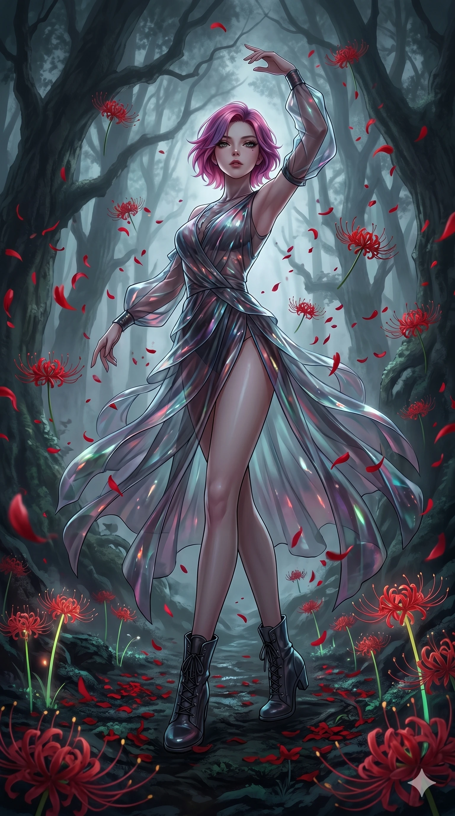 score_9, masterpiece, best quality, ultra-detailed, High-budget Anime Keyframe, East Asian woman. Low angle cowboy shot filling the entire 9:16 frame with her statuesque presence. Scenario 215: Dancing amidst falling red spider lilies in a misty dark forest. Her presence is magnetic and overpowering in this high-budget anime scene. Outfit 215: A shimmering chiffon bare with a thigh-high slit and translucent layers. The clothing is designed to emphasize her exceptionally tall and slender 8-heads proportion. 8-heads proportion, towering silhouette, ultra-slim waist. sharp v-shaped jawline, intricate jewel-like eyes with depth, thick eyelashes, glossy lips. 2k, ultra detail, master piece, 9:16 ratio