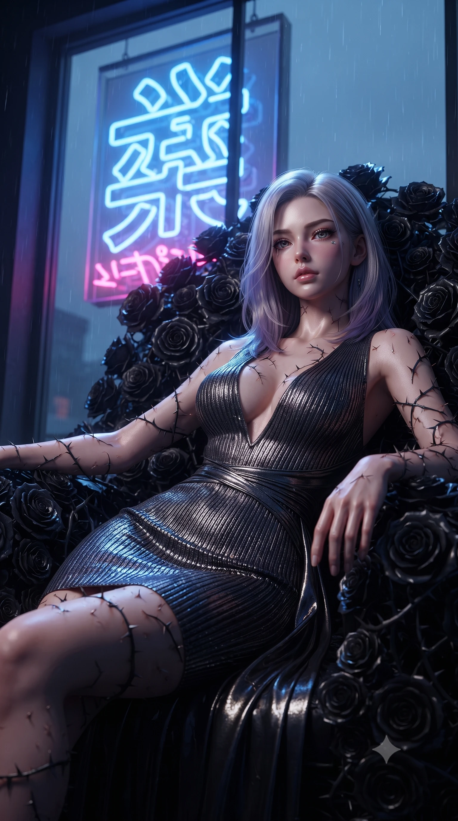 score_9, masterpiece, best quality, ultra-detailed, High-budget Anime Keyframe, editorial fashion photography, tasteful artistic composition, realistic cosplay photography, Caucasian woman, strictly human ears. Low angle cowboy shot filling the entire 9:16 frame with her statuesque presence. Scenario 323: resting on a throne of black roses, thorns grazing her skin, in a glowing neon window at twilight with soft rain falling. Her presence is magnetic and overpowering in this high-budget cinematic scene. Outfit 323: a tailored ribbed bodycon knit dangerous with a plunging V-neckline and tight-fitting silhouette. The clothing is designed to emphasize her exceptionally tall and slender 8-heads proportion. 8-heads proportion, towering silhouette, ultra-slim waist. sharp v-shaped jawline, intricate jewel-like eyes with depth, thick eyelashes, glossy lips. ultra-reflective glossy finish, specular highlights, metallic sheen, high-contrast stereoscopic depth, volumetric dynamic lighting, 2k, ultra detail, master piece, 9:16 ratio