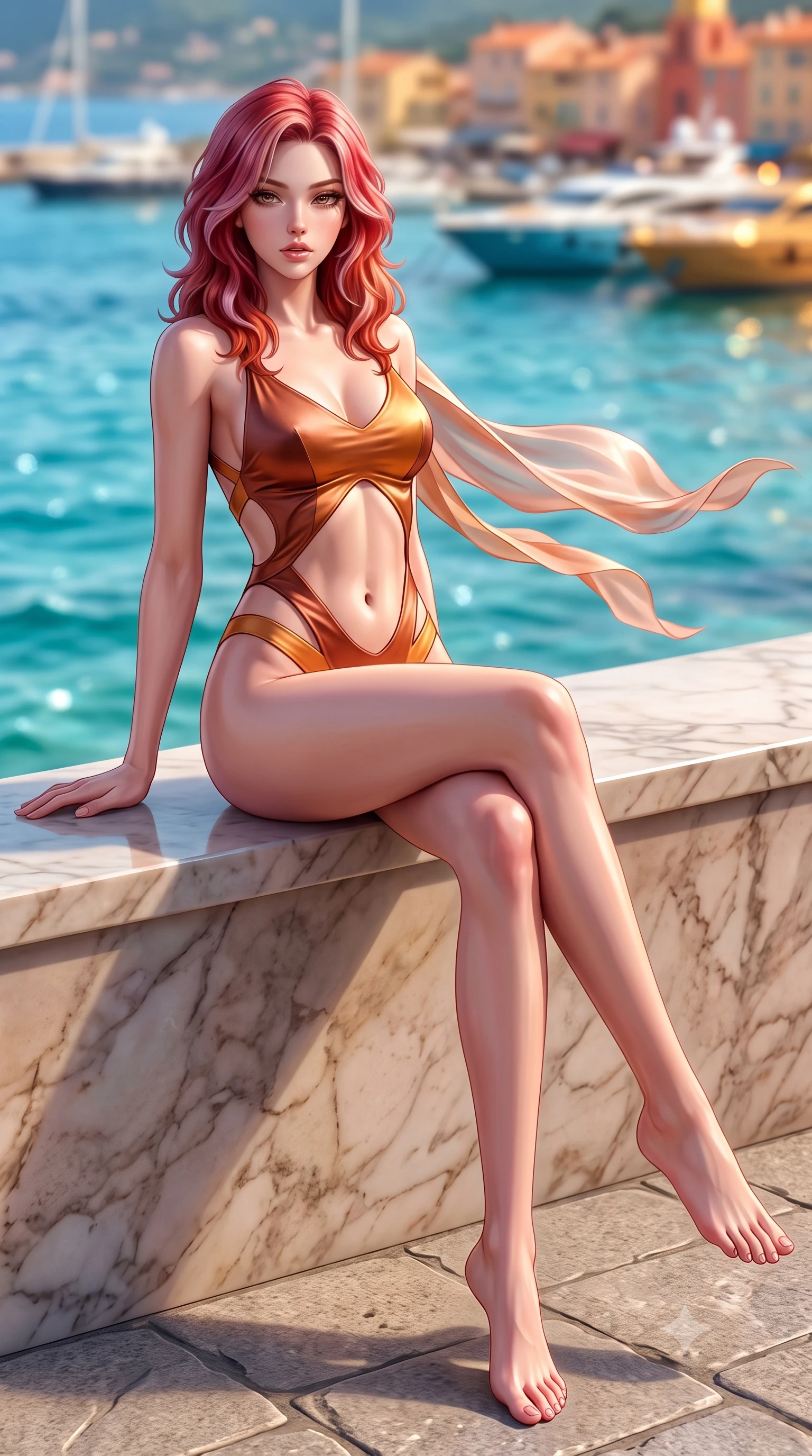 score_9, masterpiece, best quality, ultra-detailed, high-budget anime keyframe, semi-realistic 3D game render, editorial fashion photography, tasteful artistic composition, Caucasian woman. low angle full-body shot from head to toe showing her feet, filling the entire 9:16 vertical frame with her statuesque presence, stretching her vertical silhouette. sitting perched on the elevated edge with hips angled toward the camera and legs crossed, displaying her toned midriff and flawlessly sculpted slender limbs while striding gracefully along the coastal corniche as sea winds flutter her open silk scarf, hips swaying in an alluring supermodel rhythm. The composition keeps background elements in soft focus with creamy bokeh. sparkling Mediterranean turquoise waves and distant luxury yachts blurred into molten azure, gold, and coral bokeh. She has an exceptionally tall and slender model-like 8.5-heads proportion, an ultra-slim waist, a flat toned midriff, narrow delicate ribcage, and beautifully sculpted feminine hips creating a graceful, slim hourglass silhouette without any bulky heaviness, with impossibly long slender legs. sharp v-shaped jawline, high-bridge nose, intricate jewel-like eyes with depth, thick eyelashes, glossy parted lips with a natural sheen, intensely captivating and seductive bedroom-eyes expression, flawlessly proportioned anatomical accuracy, strict slender model proportions, natural body alignment, perfectly sculpted long slender limbs, ultra-slim waistline, clean dynamic posture without body distortion. wearing a botanical cutout monokini with organic leaf-curve side openings and high-cut hip bands in rich copper bronze and warm amber, tailored from ultra-smooth duchess satin with a pearlescent sheen, finished with criss-cross back satin straps highlighting her graceful shoulder blades, the glove-like aerodynamic silhouette tightly following the natural contour of her hips and long slender legs with statuesque 8.5-heads elegance. surrounded by a carefree, elite, and irresistibly magnetic Saint-Tropez heiress aura. highly saturated vibrant anime colors, detailed shading with soft gradients, rich glossy textures, high-contrast stereoscopic depth, volumetric dynamic lighting, master piece, 9:16 ratio