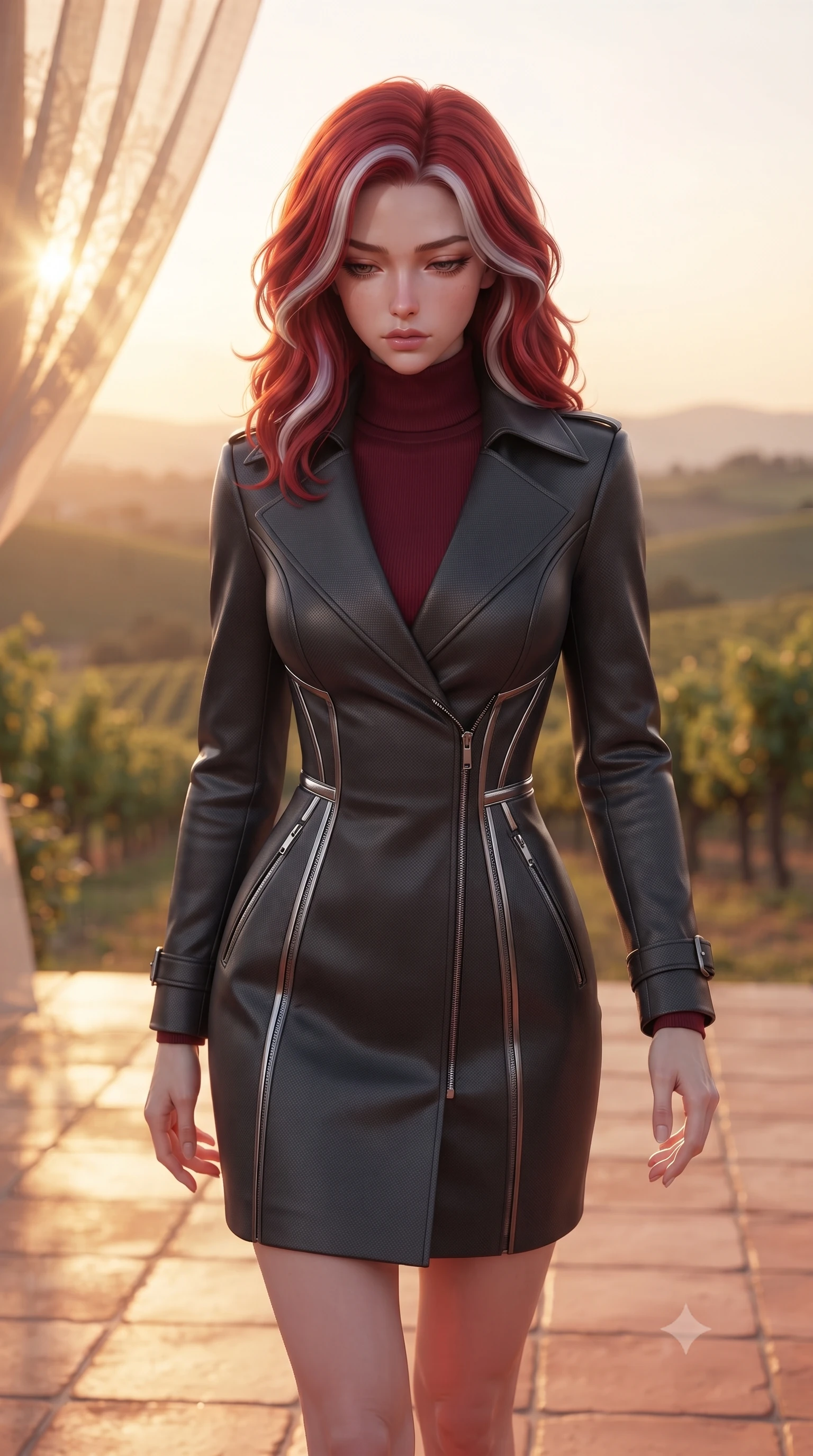 score_9, masterpiece, best quality, ultra-detailed, high-budget anime keyframe, editorial fashion photography, tasteful artistic composition, Caucasian woman. close-up cowboy shot from the waist and thighs up, the character dominates the composition, filling the frame with her large presence, background elements kept in soft focus. Looking down with lowered lashes and a composed, powerful dark aura, walking across a warm terracotta tile floor drenched in warm evening sun, rolling vineyard hills fading into a warm hazy sunset horizon in soft focus. She has an exceptionally elegant, slender, and willowy female figure with an ultra-slim waist, a gracefully sculpted slender torso, and a refined silhouette. sharp v-shaped jawline, high-bridge nose, intricate jewel-like eyes with depth, thick eyelashes, glossy lips with a natural sheen. wearing structured charcoal trench dress over sleek turtleneck in deep crimson burgundy, made of matte carbon-fiber weave, finished with metallic silver boning and sleek zipper points, contouring every curve with an exceptionally elegant silhouette. bathed in warm golden-hour sunbeams filtering through sheer linen. highly saturated vibrant anime colors, detailed shading with soft gradients, rich glossy textures, high-contrast stereoscopic depth, volumetric dynamic lighting, master piece, 9:16 ratio