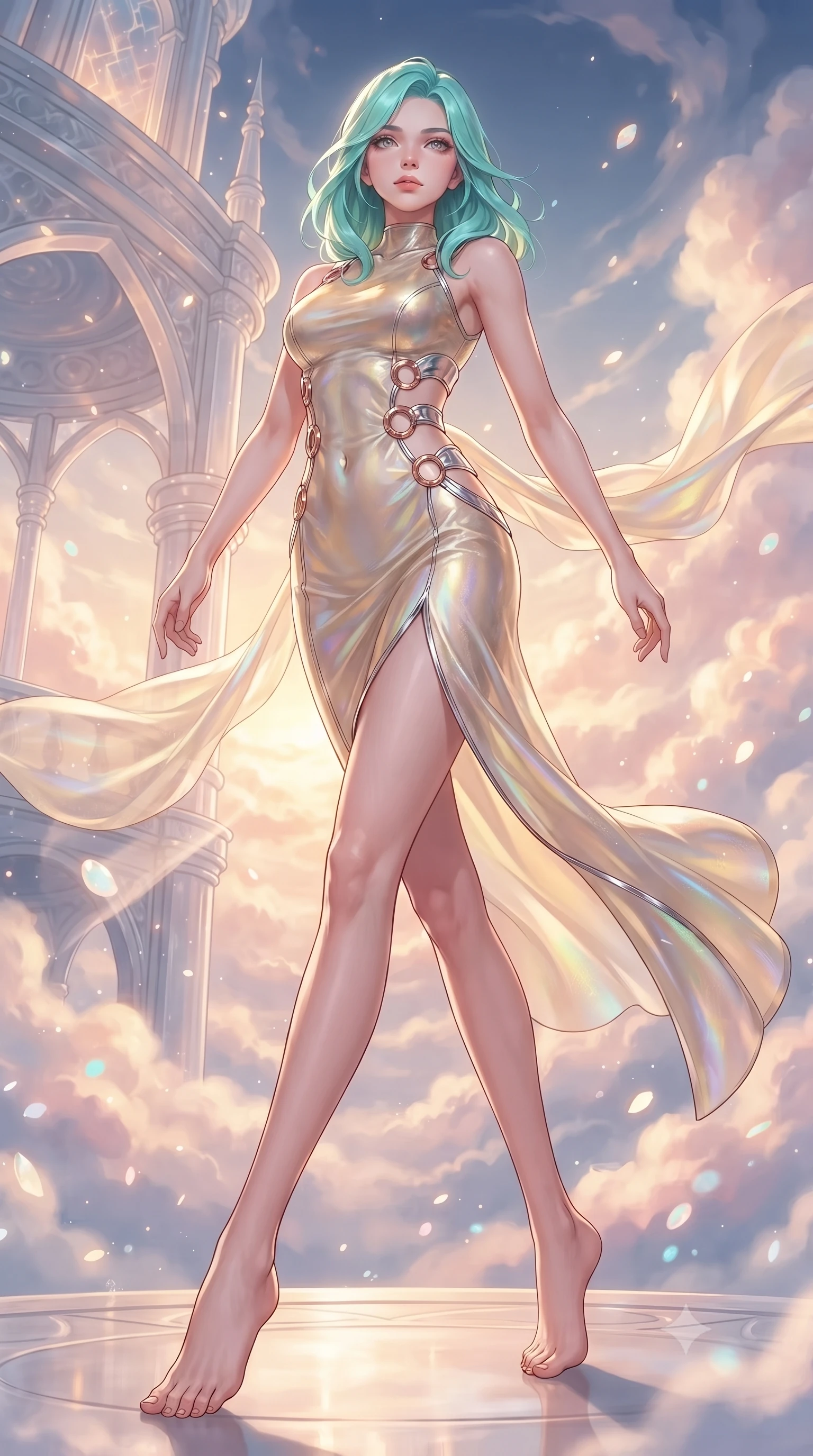 score_9, masterpiece, best quality, ultra-detailed, high-budget anime keyframe, editorial fashion photography, tasteful artistic composition, Japanese woman. low angle full-body shot from head to toe showing her feet, filling the entire 9:16 vertical frame with her statuesque presence, stretching her vertical silhouette. interacting with floating opal particles, her long slender legs poised in motion, navigating a sky palace built from translucent alabaster and glowing cloud silk, ethereal serenity in her composed facial expression. She has an absolutely perfect, statuesque 8.5-heads proportion, an exceptionally tall and slender model-like female figure with impossibly long slender legs and an ultra-slim waist. sharp v-shaped jawline, high-bridge nose, intricate jewel-like eyes with depth, thick eyelashes, glossy lips with a natural sheen. wearing second-skin iridescent hologram organza bodycon maxi dress in champagne gold, made of sculpted platinum chrome, trimmed with rose-gold ring hardware along the waist contours, following her slender form with tailored precision. bathed in warm golden sunrise beams filtering through soft rose clouds. highly saturated vibrant anime colors, detailed shading with soft gradients, rich glossy textures, high-contrast stereoscopic depth, volumetric dynamic lighting, master piece, 9:16 ratio
