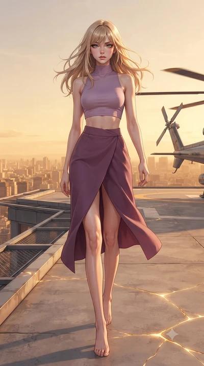 score_9, masterpiece, best quality, ultra-detailed, high-budget anime keyframe, editorial fashion photography, tasteful artistic composition, Japanese woman. low angle full-body shot from head to toe showing her feet, filling the entire 9:16 vertical