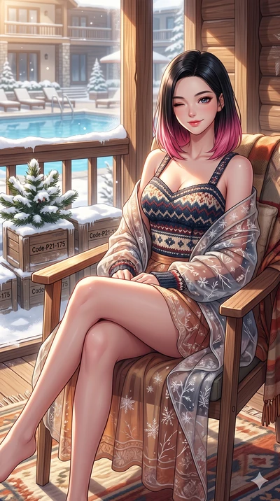score_9, masterpiece, best quality, ultra-detailed, high-budget anime keyframe, vibrant anime aesthetic, Korean woman. cowboy shot from the thighs up, character and outfit filling the frame for maximum presence. She is sitting in a sunlit chair, wink