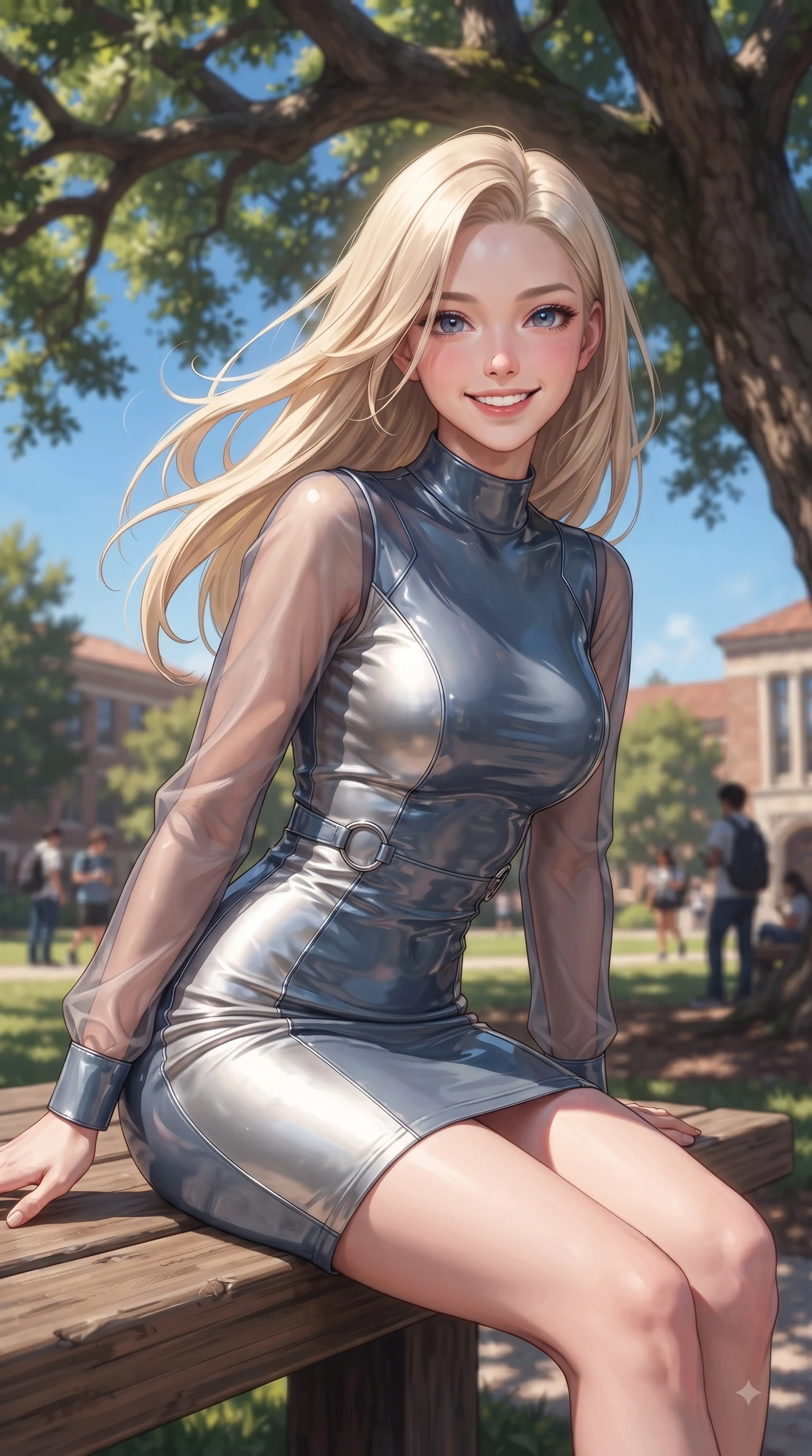 score_9, masterpiece, best quality, ultra-detailed, high-budget anime keyframe, editorial fashion photography, tasteful artistic composition, Caucasian woman. close-up cowboy shot from the waist and thighs up, the character dominates the composition, filling the frame with her large presence, background elements kept in soft focus. Cheerful beaming smile with sparkling eyes and a fresh girlhood aura, leaning forward with playful grace while sitting gracefully on a wooden bench under a towering oak tree on a sunlit college campus, warm spring breeze swaying her long hair gracefully against the blue sky backdrop. She has an exceptionally elegant, slender, and willowy female figure with an ultra-slim waist, a gracefully sculpted slender torso, and a refined silhouette. sharp v-shaped jawline, high-bridge nose, intricate jewel-like eyes with depth, thick eyelashes, glossy lips with a natural sheen, flawlessly proportioned anatomical accuracy, natural body alignment, perfectly sculpted elegant limbs, clean dynamic posture without body distortion. wearing a sleek bodycon knit dress with strategic sheer organza sleeve panels in slate blue and metallic silver, tailored from high-gloss patent leather, accented with delicate chrome ring hardware framing her waist, the elegant draped fit framing her graceful clavicle and slender torso. surrounded by an uplifting, youthful university campus ambiance. ultra-reflective glossy finish, specular highlights, metallic sheen, high-contrast stereoscopic depth, volumetric dynamic lighting, 2k, ultra detail, master piece, 9:16 ratio