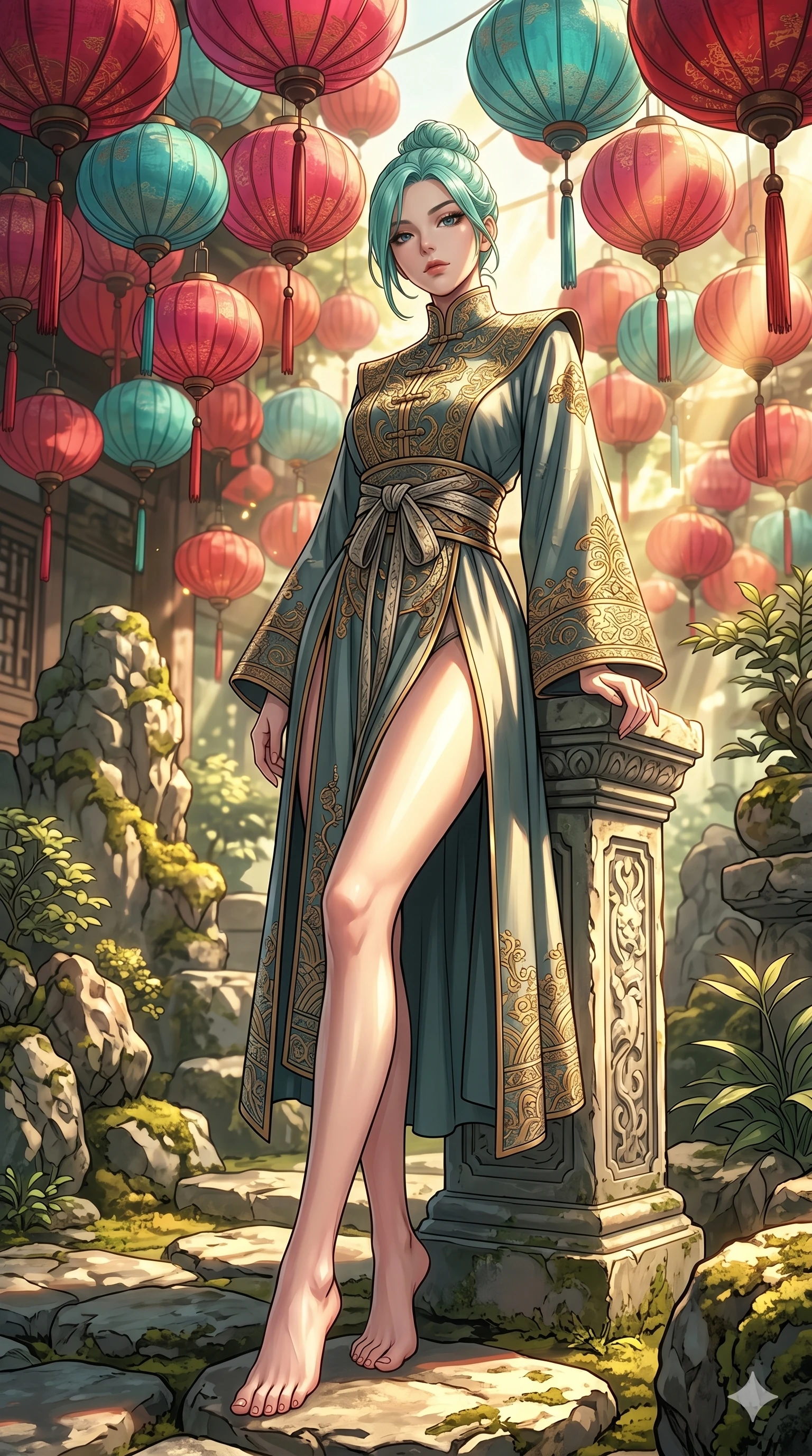score_9, masterpiece, best quality, ultra-detailed, high-budget anime keyframe, editorial fashion photography, tasteful artistic composition, Japanese woman. low angle full-body shot from head to toe showing her feet, filling the entire 9:16 vertical frame with her statuesque presence, stretching her vertical silhouette. leaning back against the pedestal, looking at the viewer with an air of effortless superiority under a canopy of hanging crimson and turquoise silk lanterns in a stone garden (Code-P18-013). She has an absolutely perfect 8-heads proportion, an exceptionally tall and slender female figure with impossibly long slender legs and an ultra-slim waist. V-shaped jawline, high-bridge nose, intricate jewel-like eyes with depth, thick eyelashes, glossy lips with a natural sheen. wearing a structured high-neck academic robe with gold embroidery and neat tailoring. bathed in brilliant midday sunbeams, casting sharp warm highlights that outline her slender waist. 2k, ultra detail, master piece, 9:16 ratio