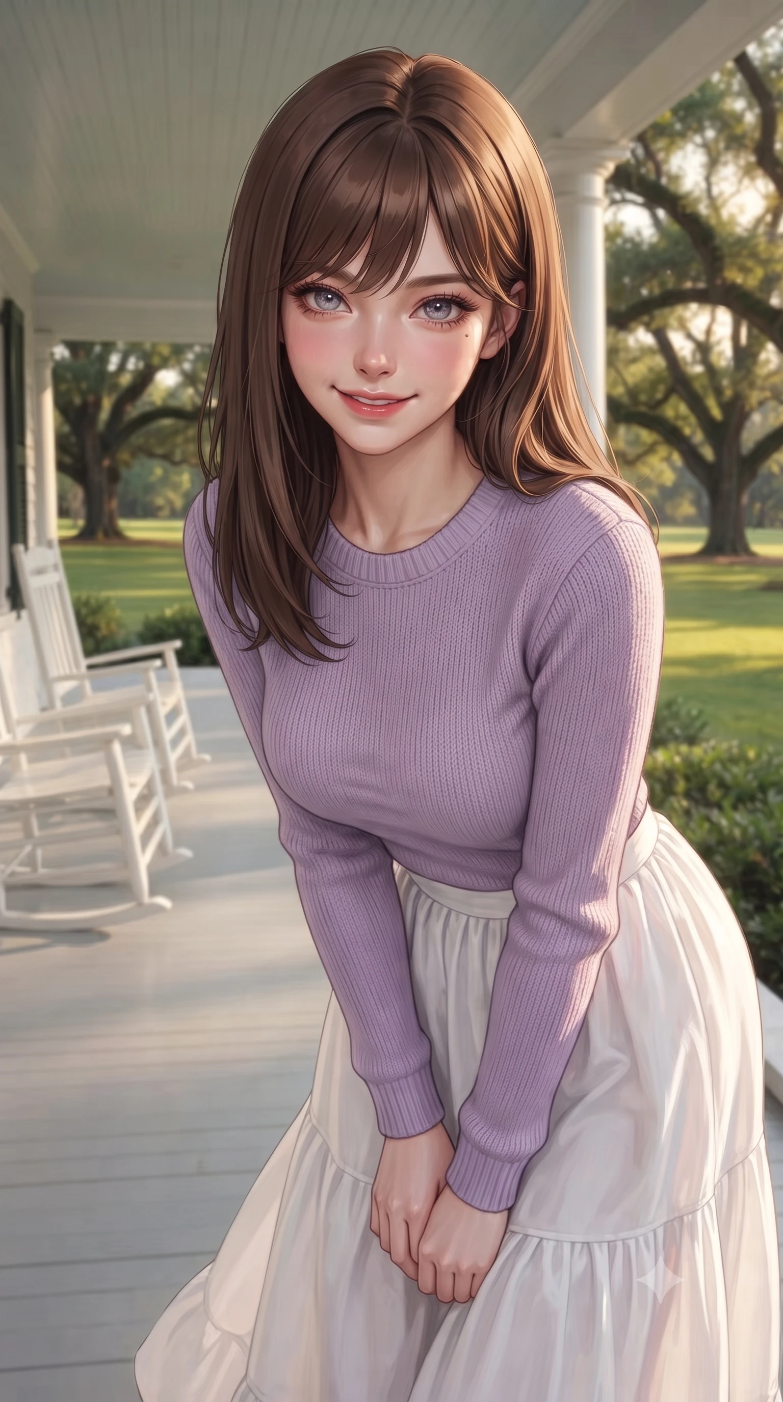 score_9, masterpiece, best quality, ultra-detailed, high-budget anime keyframe, editorial fashion photography, tasteful artistic composition, Korean woman woman. close-up cowboy shot from the waist and thighs up, the character dominates the composition, filling the frame with her large presence, background elements kept in soft focus. leaning slightly forward with a playful, teasing smile, her gaze locked onto the viewer the background shows a soft-focus a wide white veranda with rocking chairs, overlooking a large green lawn with oak trees. She has an exceptionally elegant, slender, and willowy female figure with an ultra-slim waist, a gracefully sculpted slender torso, and a refined silhouette. sharp v-shaped jawline, high-bridge nose, intricate jewel-like eyes with depth, thick eyelashes, glossy lips with a natural sheen. wearing a body-hugging comfortable lavender knit sweater paired with a flowy white cotton maxi skirt. soft late afternoon sunbeams casting a nostalgic, peaceful glow. ultra-reflective glossy finish, specular highlights, metallic sheen, high-contrast stereoscopic depth, volumetric dynamic lighting, 2k, ultra detail, master piece, 9:16 ratio