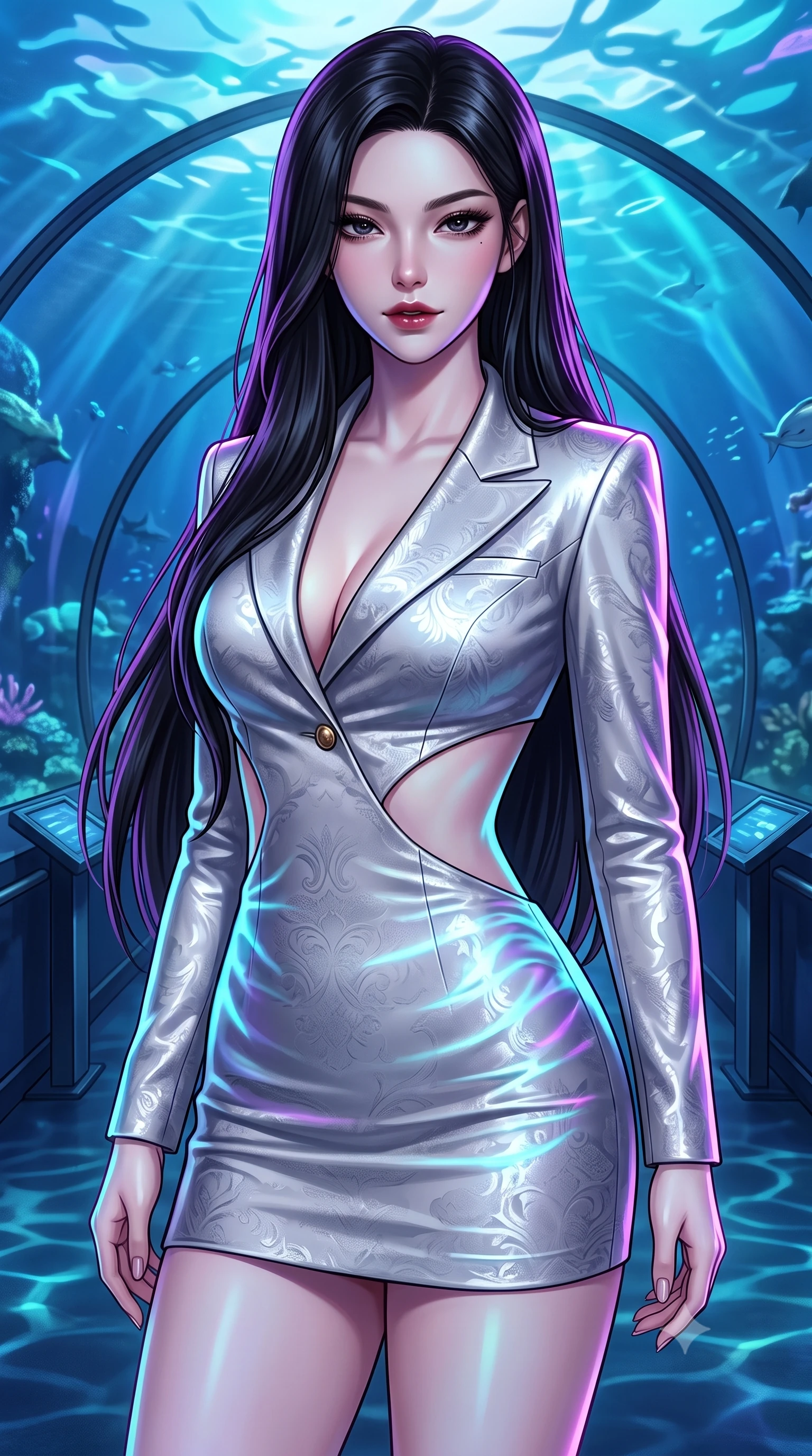score_9, masterpiece, best quality, ultra-detailed, high-budget anime keyframe, semi-realistic 3D game render, editorial fashion photography, tasteful artistic composition, Korean woman. close-up cowboy shot from the waist and thighs up, the character dominates the composition, filling the frame with her large presence. glancing down over lowered lashes before meeting the camera with quiet, devastating intensity, her tailored outfit tracing her ultra-slim waist and hips while twisting her slender torso in an alluring S-curve, bioluminescent cyan and violet ripples playing across her narrow waist and rounded hips. The surrounding environment is rendered in vivid detail and crisp panoramic clarity. detailed glossy outfit reflections, delicate skin highlights, and aquarium tunnel architecture in high clarity. She has an exceptionally elegant, slender, and willowy female figure with an ultra-slim waist, flat toned midriff, narrow ribcage, and sculpted feminine hips creating an alluring, slim hourglass silhouette without bulk. sharp v-shaped jawline, high-bridge nose, intricate jewel-like dark sparkling eyes with dangerous depth, thick curled eyelashes, glossy parted lips with a rich wine sheen, smoldering seductive half-smile with bedroom-eyes, exuding effortless superiority and intoxicating dark allure, flawlessly proportioned anatomical accuracy, strict slender model proportions, natural body alignment, perfectly sculpted long slender limbs, ultra-slim waistline, clean dynamic posture without body distortion. wearing a cut-out liquid silver mini dress with open-waist architecture emphasizing her hourglass curves in ruby crimson and muted shadow black, tailored from rich silk jacquard with subtle embossed baroque patterns, finished with sharp tailored peak lapels and subtle horn button accents, the form-fitting cut adhering flawlessly to her sculpted flat midriff and slender torso, emphasizing her long leg lines and perfectly proportioned willowy build. illuminated by pulsating ultraviolet rim lights and caustic water reflections sharply carving her razor-sharp jawline, narrow waist, and curvy hips. highly saturated vibrant anime colors, detailed shading with soft gradients, rich glossy textures, high-contrast stereoscopic depth, volumetric dynamic lighting, master piece, 9:16 ratio