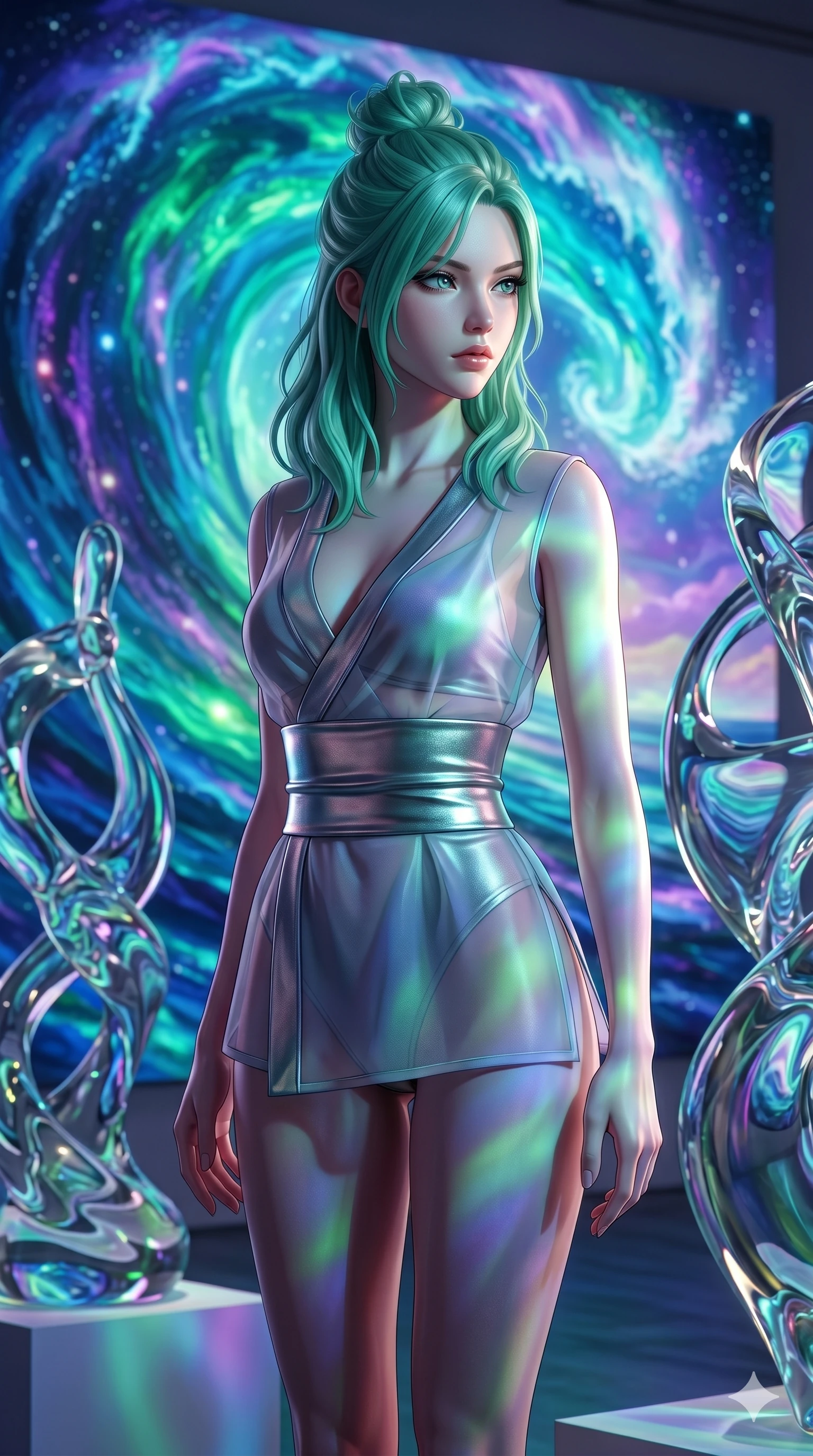 score_9, masterpiece, best quality, ultra-detailed, high-budget anime keyframe, semi-realistic 3D game render, Japanese woman. Upper body close-up from the thighs up, character filling the screen for maximum presence. She is standing in front of a giant digital painting of a cosmic wave, with abstract glass sculptures around. She poses elegantly, glancing sideways with a piercing gaze. She has an absolutely perfect 8-heads proportion, an exceptionally tall and slender female figure with impossibly long slender legs and an ultra-slim waist. V-shaped jawline, high-bridge nose, intricate jewel-like eyes with depth, thick eyelashes, glossy lips with a natural sheen. She is wearing a shortened cyber-fusion wrap top with transparent chiffon panels, a deep crossover neckline, and a high-waisted metallic sash that accentuates her ultra-slim waist. The scene is bathed in vibrant projections from the digital painting and a sharp white side key light. 2k, ultra detail, master piece, 9:16 ratio