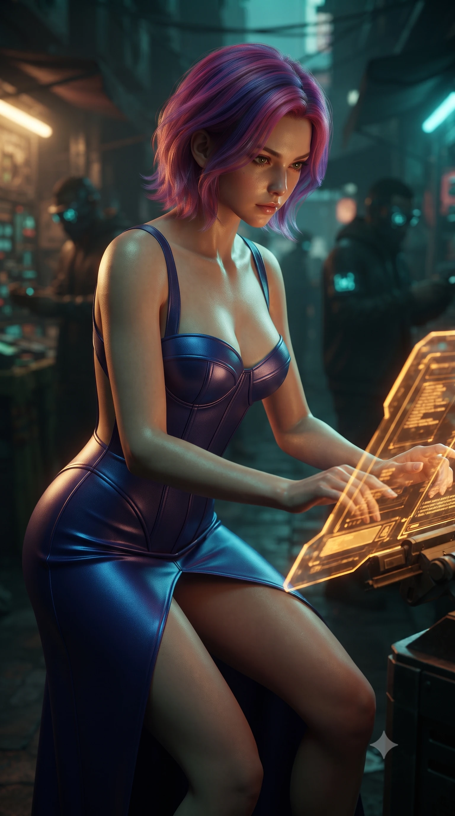 score_9, masterpiece, best quality, ultra-detailed, high-budget anime keyframe, editorial fashion photography, tasteful artistic composition, realistic cosplay photography, Caucasian woman, strictly human ears. close-up cowboy shot from the waist and thighs up, the character dominates the composition, filling the frame with her large presence, background elements kept in soft focus. Hacking a security terminal in a low crouch, fingers moving in a blur as amber code screens surround her. set against a soft-focus background of a dark alley bazaar selling hacked military chips and laser weapons, traders wearing glowing optical masks in the shadows. She has an exceptionally elegant and slender, willowy female figure with an ultra-slim waist, a gracefully sculpted slender torso, and a refined slim physique. sharp v-shaped jawline, high-bridge nose, intricate jewel-like eyes with depth, thick eyelashes, glossy lips with a natural sheen. wearing tailored for maximum mobility, sleek form-contouring panels that allow fluid movement, a form-contouring structured bustier gown in deep indigo blue, featuring a boned bodice, a daring high front slit, and an open back. warm amber rim lighting combined with cool teal fill light creating dramatic contrast. ultra-reflective glossy finish, specular highlights, metallic sheen, high-contrast stereoscopic depth, volumetric dynamic lighting, 2k, ultra detail, master piece, 9:16 ratio