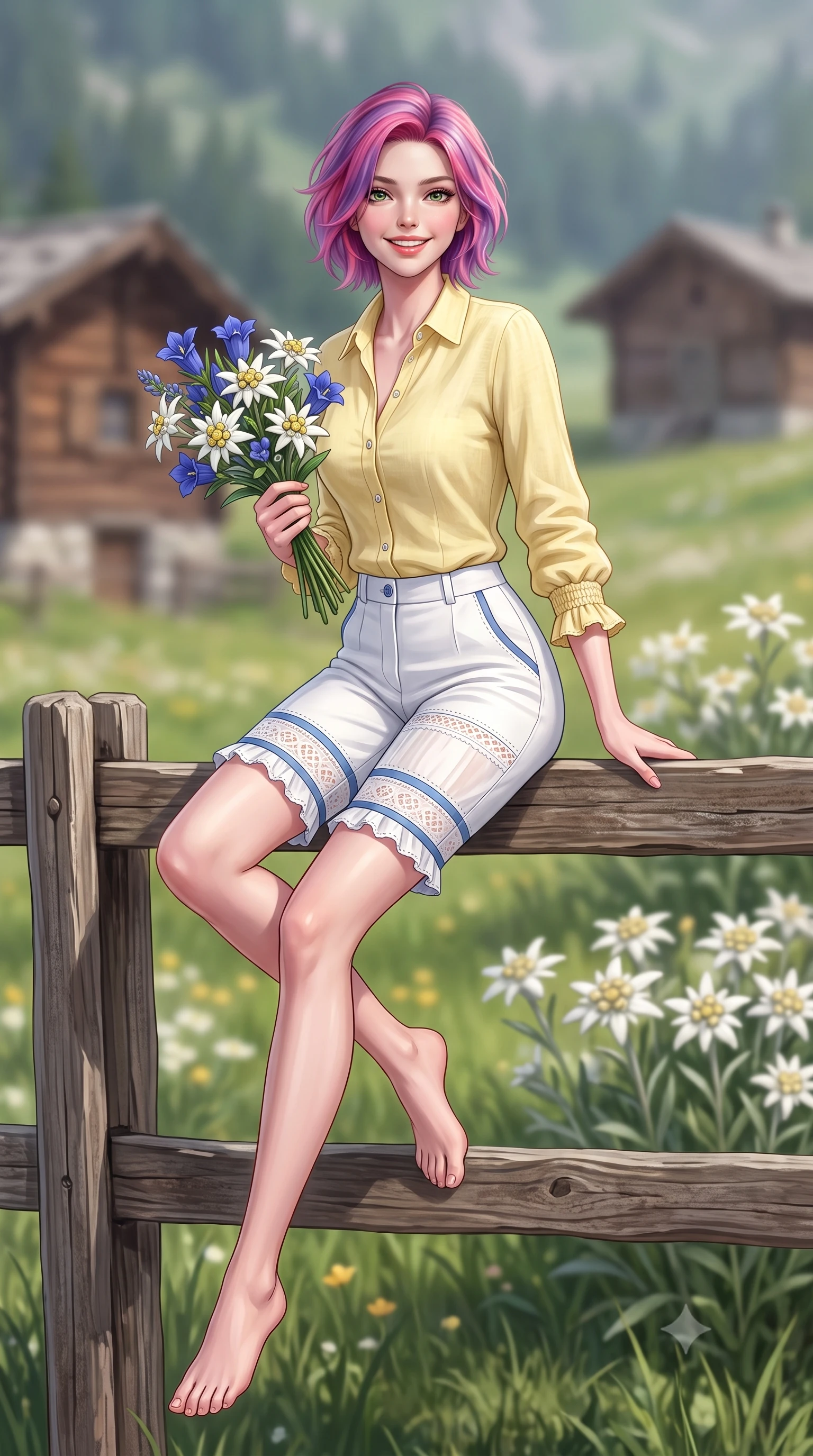 score_9, masterpiece, best quality, ultra-detailed, high-budget anime keyframe, semi-realistic 3D game render, editorial fashion photography, tasteful artistic composition, Caucasian woman. low angle full-body shot from head to toe showing her feet, filling the entire 9:16 vertical frame with her statuesque presence, stretching her vertical silhouette. pivoting dynamically with a fresh infectious smile, her ultra-slim waist and long slender legs creating a fluid graceful line while sitting delicately on a rustic wooden alpine fence holding a bouquet of freshly picked edelweiss and gentian flowers. The composition keeps background elements in soft focus with creamy bokeh. rustic timber mountain chalets and blooming edelweiss clusters softened in gentle atmospheric depth. She has an absolutely perfect, statuesque 8.5-heads proportion, an exceptionally tall and slender model-like female figure with impossibly long slender legs, a toned flat midriff, and an ultra-slim waist. sharp v-shaped jawline, high-bridge nose, intricate jewel-like eyes with depth, thick eyelashes, glossy lips with a natural sheen, pure and lovely fresh girlhood expression, flawlessly proportioned anatomical accuracy, strict slender model proportions, natural body alignment, perfectly sculpted long slender limbs, ultra-slim waistline, clean dynamic posture without body distortion. wearing a lightweight pastel linen button-down shirt paired with tailored high-rise white Bermuda shorts in sunny daffodil yellow and french blue, woven with delicate eyelet lace and breathable cotton voile, accented with soft smocked elastic details and ruffled cuff trims, the body-hugging lightweight knit clinging delicately to her slender torso, accentuating her graceful neck and feminine lines. surrounded by a fresh, uplifting, and enchantingly pure alpine girlhood aura. highly saturated vibrant anime colors, detailed shading with soft gradients, rich glossy textures, high-contrast stereoscopic depth, volumetric dynamic lighting, master piece, 9:16 ratio