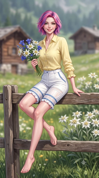 score_9, masterpiece, best quality, ultra-detailed, high-budget anime keyframe, semi-realistic 3D game render, editorial fashion photography, tasteful artistic composition, Caucasian woman. low angle full-body shot from head to toe showing her feet, 
