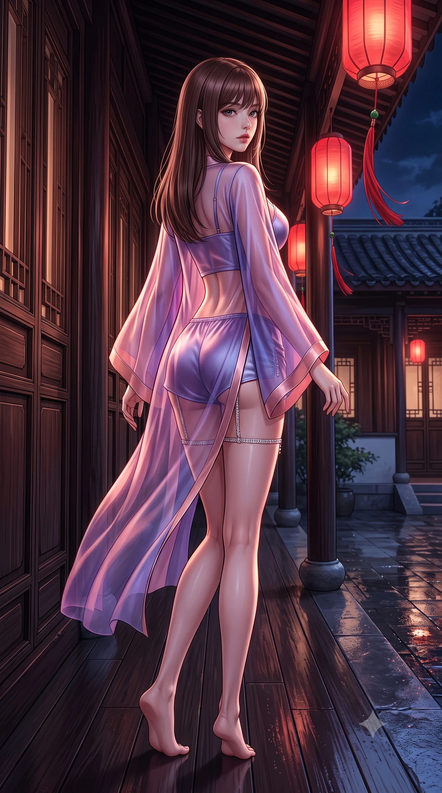 score_9, masterpiece, best quality, ultra-detailed, high-budget anime keyframe, semi-realistic 3D game render, editorial fashion photography, tasteful artistic composition, Korean woman. low angle full-body shot from head to toe showing her feet, filling the entire 9:16 vertical frame with her statuesque presence, stretching her vertical silhouette. walking along the terrace with poise, looking back over her bare shoulder with an irresistible smoldering bedroom-gaze while standing poised on the dark timber veranda of the restored Shikumen villa, arching her lower back as crimson silk lanterns flutter in the nocturnal breeze. The surrounding environment is rendered in vivid detail and crisp panoramic clarity: detailed alluring semi-sheer silk chiffon boudoir peignoir drape, jade button accents, and heritage architecture in razor-sharp precision. She has an exceptionally tall and slender model-like 8.5-heads proportion, an ultra-slim waist, a flat toned midriff, narrow delicate ribcage, and beautifully sculpted feminine hips creating a graceful, slim hourglass silhouette without any bulky heaviness, with impossibly long slender legs. sharp v-shaped jawline, high-bridge nose, intricate jewel-like sparkling eyes with depth, thick eyelashes, glossy parted lips with a natural peach sheen, bright cheerful beaming smile with an enchanting and coquettish sensual glint, exuding both youthful cute charm and seductive allure, flawlessly proportioned anatomical accuracy, strict slender model proportions, natural body alignment, perfectly sculpted long slender limbs, ultra-slim waistline, clean dynamic posture without body distortion. wearing a translucent gossamer silk robe with wide kimono sleeves worn open over a strappy satin demi-bustier and micro-shorts in orbital nebula violet and luminescent rose gold, crafted from fluid liquid silk satin that clings smoothly to her narrow waist and rounded hips with a dewy sheen, finished with delicate crystal-encrusted thigh garter straps glinting in the dim light, the second-skin tailored fabric adhering flawlessly to her sculpted flat midriff and slender torso, emphasizing her long leg lines and perfectly proportioned willowy build. illuminated by wet ground specular highlights and sharp rose-gold rim lights sculpting her jawline, flat midriff, and curvy hips. highly saturated vibrant anime colors, detailed shading with soft gradients, rich glossy textures, high-contrast stereoscopic depth, volumetric dynamic lighting, master piece, 9:16 ratio
