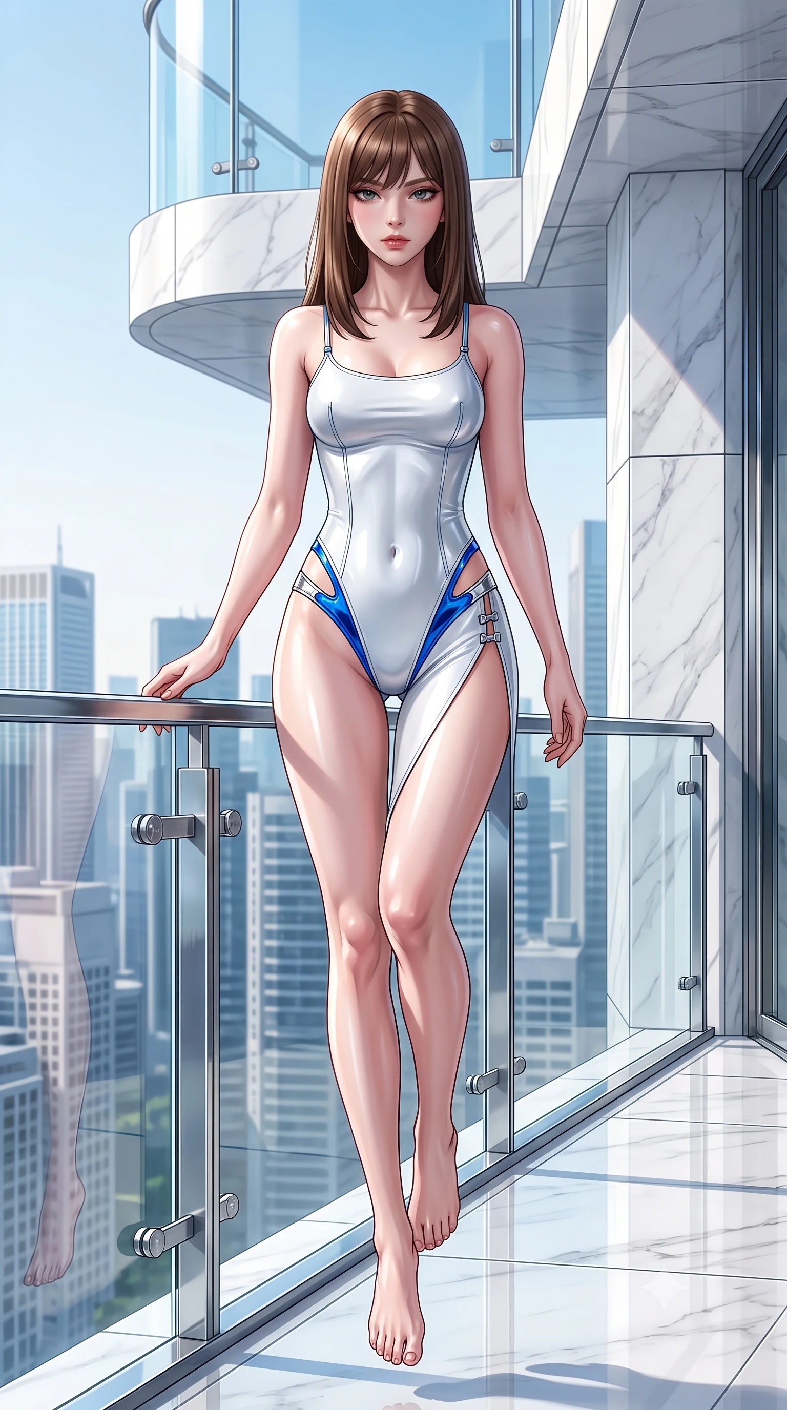 score_9, masterpiece, best quality, ultra-detailed, high-budget anime keyframe, semi-realistic 3D game render, editorial fashion photography, tasteful artistic composition, Korean woman. low angle full-body shot from head to toe showing her feet, filling the entire 9:16 vertical frame with her statuesque presence, stretching her vertical silhouette. performing an alluring mid-air vault with flawless poise, looking directly into the camera with smoldering intensity while pivoting dynamically near a sleek glass balcony railing overlooking a radiant sunlit metropolis skyline. The surrounding environment is rendered in vivid detail and crisp panoramic clarity. crisp architectural white marble seams, polished chrome fixtures, and crystal glass railings in deep focus. She has an absolutely perfect, statuesque 8.5-heads proportion, an exceptionally tall and slender model-like female figure with impossibly long slender legs, a toned flat midriff, and an ultra-slim waist. sharp v-shaped jawline, high-bridge nose, intricate jewel-like eyes with depth, thick eyelashes, glossy lips with a natural sheen, flawlessly proportioned anatomical accuracy, strict slender model proportions, natural body alignment, perfectly sculpted long slender limbs, ultra-slim waistline, clean dynamic posture without body distortion. wearing a second-skin white liquid-mercury micro-bodysuit sculpted tightly to her slender build, featuring razor-thin metallic straps and hip cutouts in liquid electric cobalt blue and polished silver, crafted from ultra-reflective second-skin latex with a high-gloss glass-like polish, finished with an ultra-high side slit secured by miniature magnetic clasps, the form-contouring material adhering flawlessly to her sculpted flat midriff and slender torso, emphasizing her long leg lines and perfectly proportioned willowy build. illuminated by crisp white studio key light with specular chrome and marble reflections. highly saturated vibrant anime colors, detailed shading with soft gradients, rich glossy textures, high-contrast stereoscopic depth, volumetric dynamic lighting, master piece, 9:16 ratio
