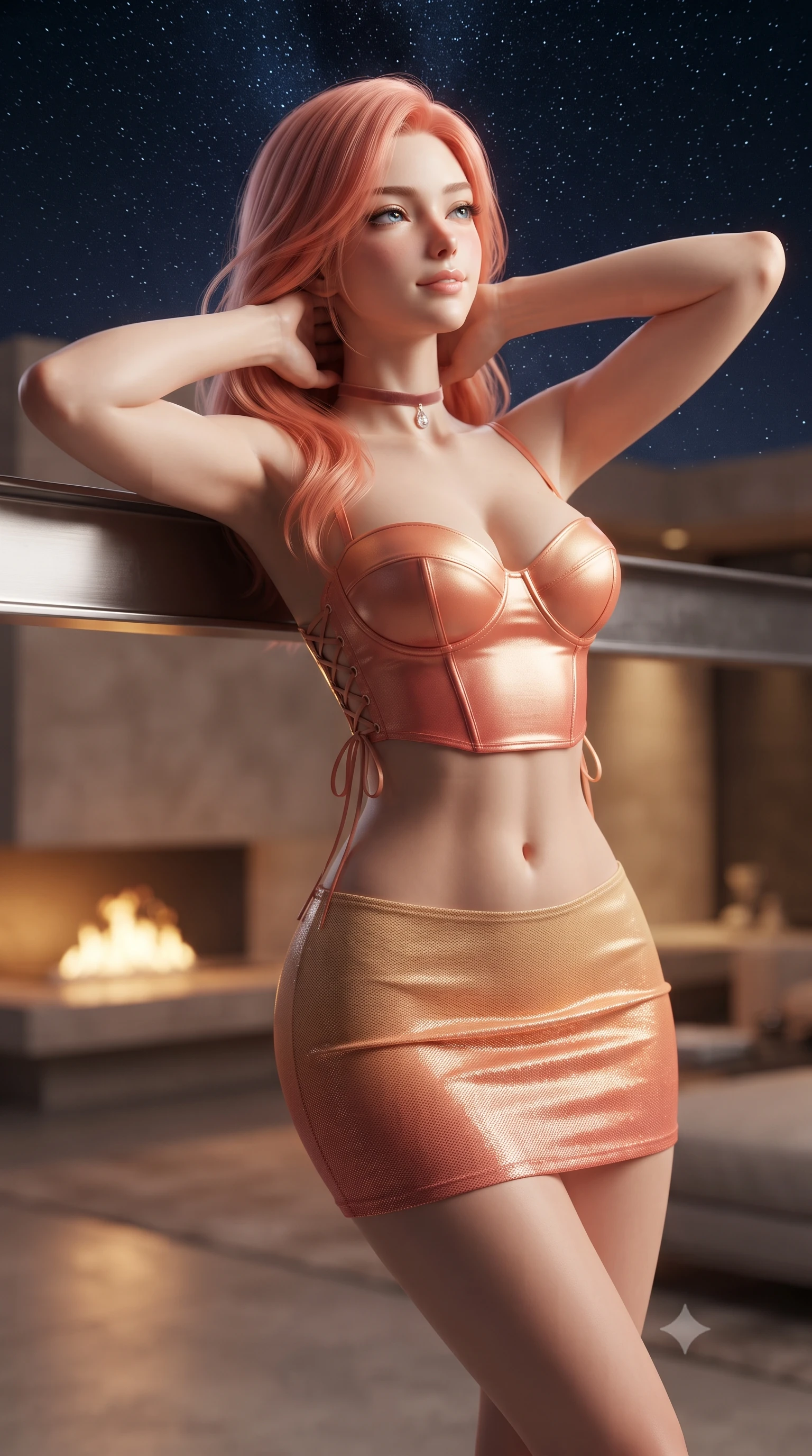score_9, masterpiece, best quality, ultra-detailed, high-budget anime keyframe, editorial fashion photography, tasteful artistic composition, Japanese woman. close-up cowboy shot from the waist and thighs up, the character dominates the composition, filling the frame with her large presence. resting both hands lightly behind her neck with elbows raised, arching her spine to highlight her narrow waist, flat midriff, and breathtaking collarbones while leaning against the horizontal steel cantilever beam with hips cocked back, looking into the vast starry sky with heavy-lidded bedroom-eyes. The background shows a soft-focus interior minimalist hearth flames softened in avant-garde architectural sanctuary shallow focus. She has an exceptionally elegant, slender, and willowy female figure with an ultra-slim waist, flat toned midriff, narrow ribcage, and sculpted feminine hips creating an alluring, slim hourglass silhouette without bulk. sharp v-shaped jawline, high-bridge nose, intricate jewel-like sparkling eyes with depth, thick eyelashes, glossy parted lips with a natural peach sheen, bright cheerful beaming smile with an enchanting and coquettish sensual glint, exuding both youthful cute charm and seductive allure, flawlessly proportioned anatomical accuracy, strict slender model proportions, natural body alignment, perfectly sculpted long slender limbs, ultra-slim waistline, clean dynamic posture without body distortion. wearing a sculpted satin underwire crop bustier with lace-up side ties paired with a micro skirt in Palm Springs desert sunset coral and warm honey champagne, crafted from stretch micro-mesh with liquid foil coating that shimmers with every movement, finished with a thin velvet ribbon choker and a single teardrop diamond pendant, the impeccably tailored cut draping gracefully along her slender figure with aristocratic poise. illuminated by concrete floor bounce and sharp starlight-platinum rim lights sculpting her jawline, narrow waist, and curvy hips. ultra-reflective glossy finish, specular highlights, rich textural contrasts, high-contrast stereoscopic depth, volumetric dynamic lighting, 2k, ultra detail, master piece, 9:16 ratio