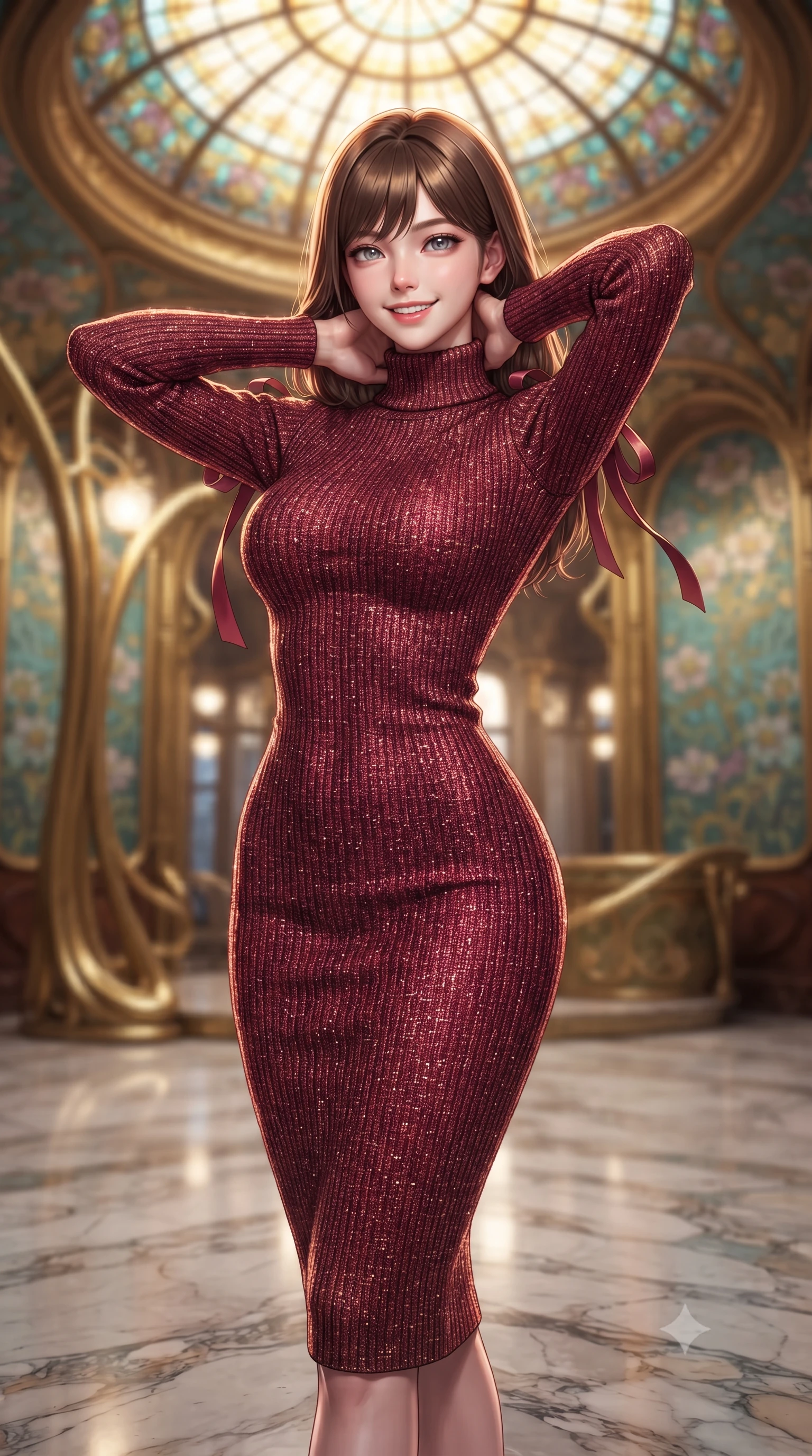 score_9, masterpiece, best quality, ultra-detailed, high-budget anime keyframe, editorial fashion photography, tasteful artistic composition, Korean woman. close-up cowboy shot from the waist and thighs up, the character dominates the composition, filling the frame with her large presence. resting both hands lightly behind her neck with elbows raised, arching her spine to highlight her narrow waist, flat midriff, and breathtaking collarbones while standing poised on the polished marble floor beneath the sweeping Art Nouveau stained-glass dome, arching her back with siren elegance as Alphonse Mucha-style gilded mosaics shimmer. The background shows a soft-focus sinuous gilded Art Nouveau whiplash curves, floral mosaic murals, and glowing stained-glass dome panels blurred into turquoise, gold, and jade bokeh. She has an exceptionally elegant, slender, and willowy female figure with an ultra-slim waist, flat toned midriff, narrow ribcage, and sculpted feminine hips creating an alluring, slim hourglass silhouette without bulk. sharp v-shaped jawline, high-bridge nose, intricate jewel-like sparkling eyes with depth, thick eyelashes, glossy parted lips with a natural peach sheen, bright cheerful beaming smile with an enchanting and coquettish sensual glint, exuding both youthful cute charm and seductive allure, flawlessly proportioned anatomical accuracy, strict slender model proportions, natural body alignment, perfectly sculpted long slender limbs, ultra-slim waistline, clean dynamic posture without body distortion. wearing an ultra-sleek Florentine second-skin ribbed knit turtleneck midi dress hugging every millimeter of her hourglass frame in Bohemian Prague garnet ruby and antique 24k gold leaf, woven from structured British tweed with subtle metallic flecks, finished with satin ribbon ties at the shoulders fluttering in the gentle breeze, the liquid-tight tailored fabric clinging flawlessly to her narrow waist and rounded feminine hips, emphasizing every millimeter of her sculpted slim hourglass curves without any bulky heaviness. illuminated by marble floor reflection bounce and sharp rose-gold rim lights sculpting her jawline, narrow waist, and curvy hips. ultra-reflective glossy finish, specular highlights, rich textural contrasts, high-contrast stereoscopic depth, volumetric dynamic lighting, 2k, ultra detail, master piece, 9:16 ratio