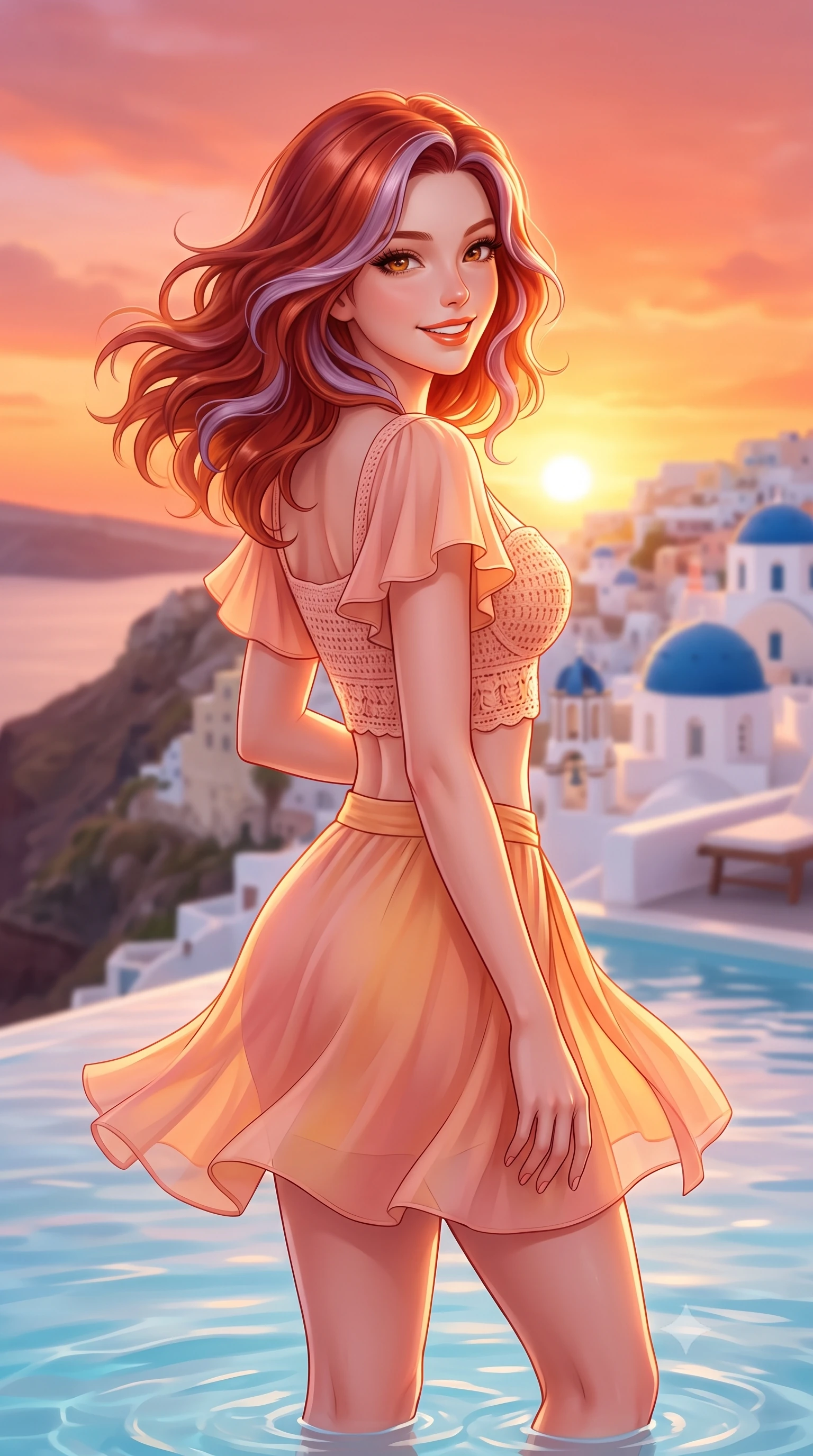 score_9, masterpiece, best quality, ultra-detailed, high-budget anime keyframe, semi-realistic 3D game render, editorial fashion photography, tasteful artistic composition, Caucasian woman. close-up cowboy shot from the waist and thighs up, the character dominates the composition, filling the frame with her large presence. turning playfully with a bright confident smile, her glossy hair tossing in the coastal breeze as her hips angle gracefully in a captivating contrapposto while standing knee-deep in the crystal infinity pool at the caldera edge, arching her back as the colossal Aegean sunset paints the sky in molten orange and rose. The composition keeps background elements in soft focus with dreamy creamy bokeh. cascading whitewashed cliffside cave houses and distant blue church domes blurred into pastel peach, lavender, and champagne bokeh. She has an exceptionally elegant, slender, and willowy female figure with an ultra-slim waist, flat toned midriff, narrow ribcage, and sculpted feminine hips creating an alluring, slim hourglass silhouette without bulk. sharp v-shaped jawline, high-bridge nose, sparkling amber-hazel eyes with depth, long lush eyelashes, glossy sun-kissed lips with a warm coral glaze, radiant teasing smile with sensual sunlit bedroom-eyes, exuding effortless old-money elegance and intoxicating sun-drenched allure, flawlessly proportioned anatomical accuracy, strict slender model proportions, natural body alignment, perfectly sculpted long slender limbs, ultra-slim waistline, clean dynamic posture without body distortion. wearing a sweetheart-neckline crochet knit crop top paired with a curve-hugging wrap mini skirt accentuating her hips in soft peach blossom pink and warm apricot gold, tailored from airy semi-sheer chiffon that flutters gently in the evening breeze, featuring elegant flutter sleeves and a graceful square neckline, the precision-cut side openings and low-back scoop framing her graceful spine and the sensual sweep of her slim, sun-kissed hips. bathed in intense, glowing Mediterranean golden hour sunlight that bathes every surface in warm amber and gold. highly saturated vibrant anime colors, detailed shading with soft gradients, rich glossy textures, high-contrast stereoscopic depth, volumetric dynamic lighting, master piece, 9:16 ratio