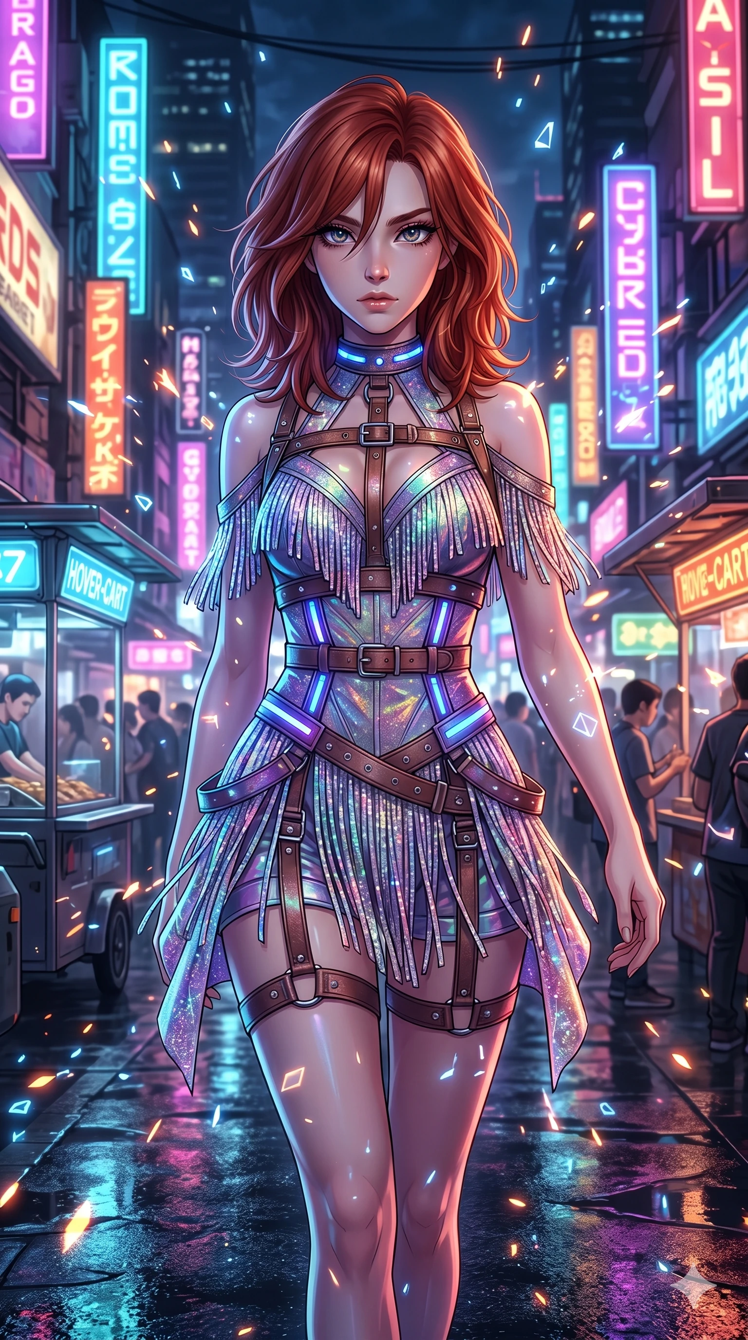 score_9, masterpiece, best quality, ultra-detailed, Set A: High-budget Anime Keyframe, Japanese woman. Upper body close-up from the thighs up, character filling the screen for maximum presence. Walking gracefully through a futuristic night market, with a look of intense determination reflecting the fires of 277 and surrounded by glowing energy sparks. She has an absolutely perfect 8-heads proportion, an exceptionally tall and slender female figure with impossibly long slender legs and an ultra-slim waist. Sharp v-shaped jawline, high-bridge nose, intricate jewel-like eyes with depth, thick eyelashes, glossy lips with a natural sheen. Wearing Cyberpunk idol stage outfit with glittery fringes, leather straps, and glowing LED accents. Cinematic lighting, vibrant colors, dramatic shadows, 2k, ultra detail, master piece, 9:16 ratio