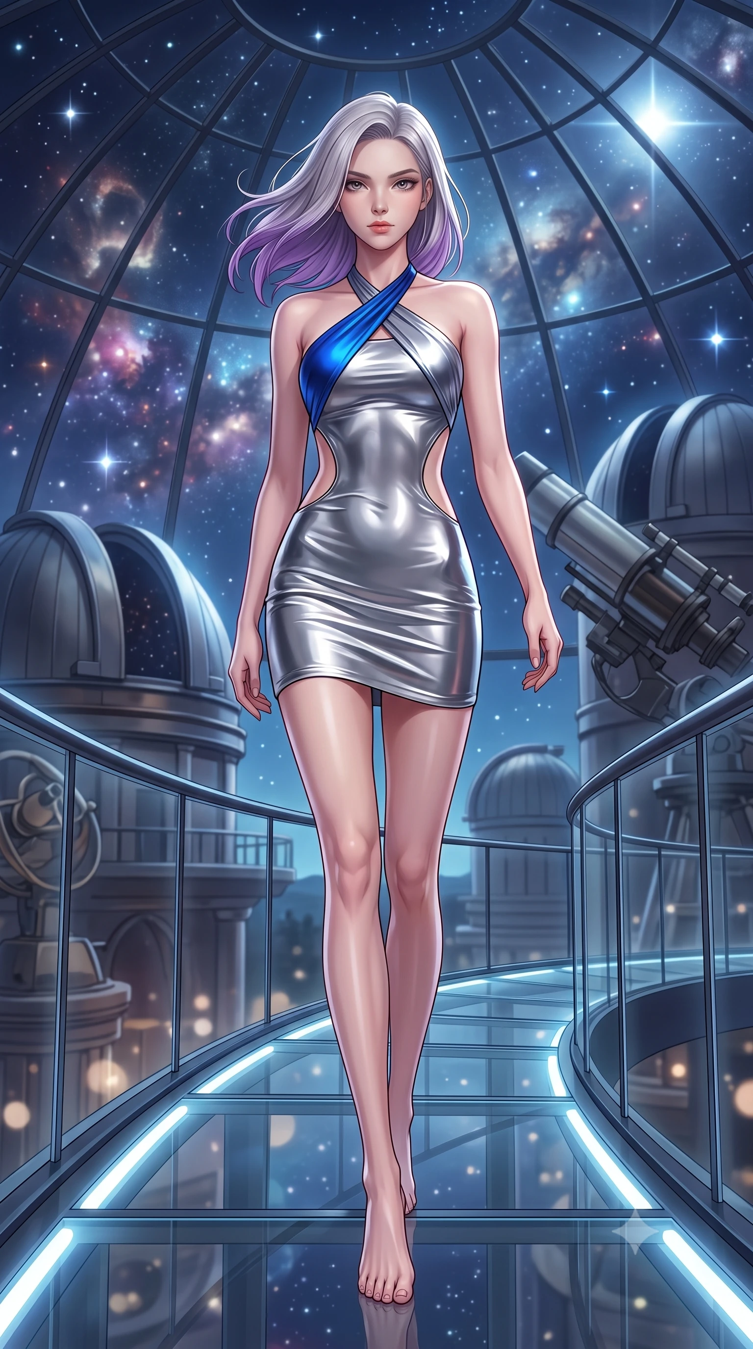 score_9, masterpiece, best quality, ultra-detailed, high-budget anime keyframe, semi-realistic 3D game render, editorial fashion photography, tasteful artistic composition, Caucasian woman. low angle full-body shot from head to toe showing her feet, filling the entire 9:16 vertical frame with her statuesque presence, stretching her vertical silhouette. striding forward in a proud, statuesque motion with a dangerous smolder, her vertical silhouette dominating the frame from head to toe while stepping along a curved mezzanine walkway under a soaring glass dome catching brilliant starlight and moonlight. The composition keeps background elements in soft focus with creamy bokeh. soaring glass observatory domes and distant nebula clusters softened in quiet atmospheric focus. She has an absolutely perfect, statuesque 8.5-heads proportion, an exceptionally tall and slender model-like female figure with impossibly long slender legs, a toned flat midriff, and an ultra-slim waist. sharp v-shaped jawline, high-bridge nose, intricate jewel-like eyes with depth, thick eyelashes, glossy lips with a natural sheen, flawlessly proportioned anatomical accuracy, strict slender model proportions, natural body alignment, perfectly sculpted long slender limbs, ultra-slim waistline, clean dynamic posture without body distortion. wearing a molten silver liquid-metal mini dress featuring deep side-waist cutouts and a daring crossover halter neckline in liquid electric cobalt blue and polished silver, made of liquid metal jersey that clings flawlessly to every contour of her build, complemented by criss-cross back straps highlighting her completely bare spine, the sleek second-skin cut tightly hugging her graceful clavicle, narrow waist, and feminine curves with athletic precision. surrounded by an intellectual, noble, and enchantingly seductive celestial royalty aura. highly saturated vibrant anime colors, detailed shading with soft gradients, rich glossy textures, high-contrast stereoscopic depth, volumetric dynamic lighting, master piece, 9:16 ratio