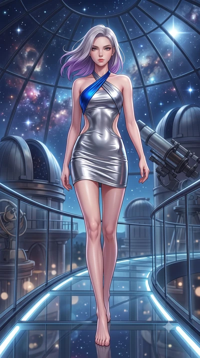 score_9, masterpiece, best quality, ultra-detailed, high-budget anime keyframe, semi-realistic 3D game render, editorial fashion photography, tasteful artistic composition, Caucasian woman. low angle full-body shot from head to toe showing her feet, 