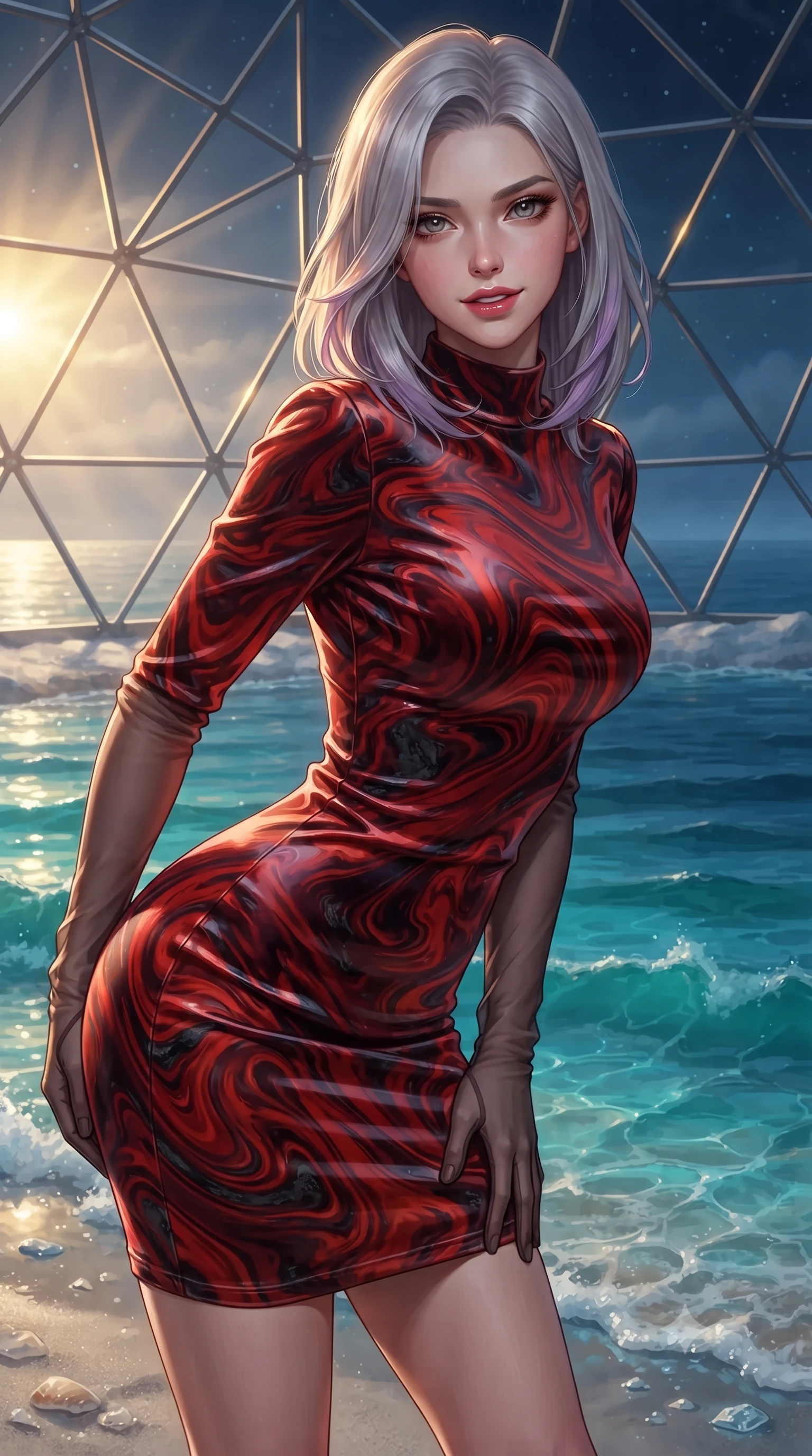 score_9, masterpiece, best quality, ultra-detailed, high-budget anime keyframe, editorial fashion photography, tasteful artistic composition, Caucasian woman. close-up cowboy shot from the waist and thighs up, the character dominates the composition, filling the frame with her large presence. leaning forward while arching her lower back to accentuate her curvy hips, looking into the camera with an intoxicating smoldering gaze and bedroom-eyes while twisting her slender torso in an alluring contrapposto stance on the shoreline, low midnight sunbeams tracing her flat midriff and curves. The surrounding environment is rendered in vivid detail and crisp panoramic clarity: sharp geodesic dome aluminum frame struts, fine white shell sand grains, and bubbling Arctic wave crests in deep focus. She has an exceptionally elegant, slender, and willowy female figure with an ultra-slim waist, flat toned midriff, narrow ribcage, and sculpted feminine hips creating an alluring, slim hourglass silhouette without bulk. sharp v-shaped jawline, high-bridge nose, intricate jewel-like sparkling eyes with depth, thick eyelashes, glossy parted lips with a natural peach sheen, bright cheerful beaming smile with an enchanting and coquettish sensual glint, exuding both youthful cute charm and seductive allure, flawlessly proportioned anatomical accuracy, strict slender model proportions, natural body alignment, perfectly sculpted long slender limbs, ultra-slim waistline, clean dynamic posture without body distortion. wearing a tailored velvet bodycon cocktail dress with long fitted sleeves and mock neck in Reinefjorden rorbu vermilion red and obsidian granite, crafted from fluid liquid silk satin that clings smoothly to her narrow waist and rounded hips with a dewy sheen, complemented by sheer opera-length evening gloves tracing her slender arms, the form-contouring silhouette accentuating her sculpted flat midriff, narrow delicate ribcage, and gracefully curvy hips with intoxicating allure. bathed in low-angle golden 2900K midnight sun light mixed with turquoise water caustics bounce. ultra-reflective glossy finish, specular highlights, rich textural contrasts, high-contrast stereoscopic depth, volumetric dynamic lighting, 2k, ultra detail, master piece, 9:16 ratio