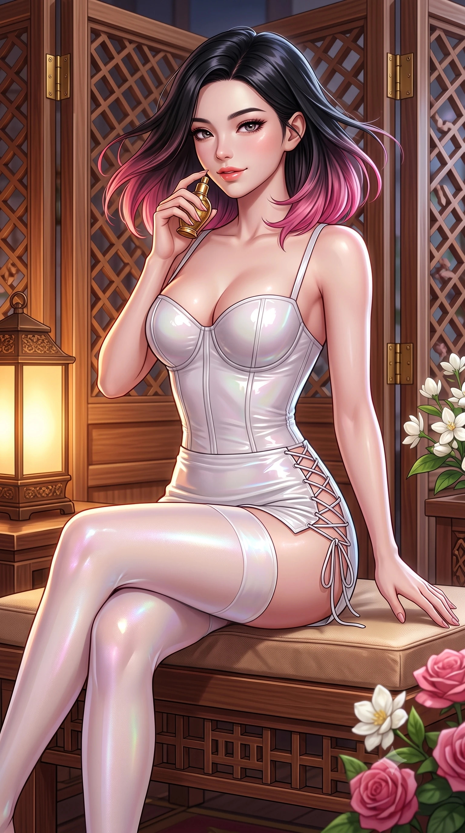 score_9, masterpiece, best quality, ultra-detailed, high-budget anime keyframe, semi-realistic 3D game render, editorial fashion photography, tasteful artistic composition, Korean woman. close-up cowboy shot from the waist and thighs up, the character dominates the composition, filling the frame with her large presence. turning slowly with an enchanting smoldering smile, her glossy hair tossing in the breeze as her hips angle gracefully in a captivating contrapposto while sitting poised on the low cushioned cedar bench with legs crossed, holding a brass perfume vial with dangerous coquettish allure. The surrounding environment is rendered in vivid detail and crisp panoramic clarity: sharp intricate interlocking joinery of cedar mashrabiya lattice, polished brass shutter hinges, and fragrant flower petal textures in deep focus. She has an exceptionally elegant, slender, and willowy female figure with an ultra-slim waist, flat toned midriff, narrow ribcage, and sculpted feminine hips creating an alluring, slim hourglass silhouette without bulk. sharp v-shaped jawline, high-bridge nose, sparkling eyes with hypnotic seductive depth, thick curled eyelashes, glossy parted lips with a natural dewy peach sheen, alluring bedroom-eyes with an enchanting coquettish smile, exuding magnetic siren charisma and sophisticated glamour, flawlessly proportioned anatomical accuracy, strict slender model proportions, natural body alignment, perfectly sculpted long slender limbs, ultra-slim waistline, clean dynamic posture without body distortion. wearing a structured boned leatherette corset bodice paired with an ultra-short micro-wrap mini skirt and sheer thigh-high stockings in pure alabaster with iridescent mother-of-pearl sheen, crafted from wet-look high-gloss vinyl fabric with dazzling specular surface reflections, featuring fine criss-cross lace-up side ties revealing tantalizing glimpses of her hip curve, the form-contouring silhouette accentuating her sculpted flat midriff, narrow delicate ribcage, and gracefully curvy hips with intoxicating allure. illuminated by warm interior lantern bounce and sharp silver-gold rim lights defining her razor-sharp jawline, narrow waist, and curvy hips. highly saturated vibrant anime colors, detailed shading with soft gradients, rich glossy textures, high-contrast stereoscopic depth, volumetric dynamic lighting, master piece, 9:16 ratio