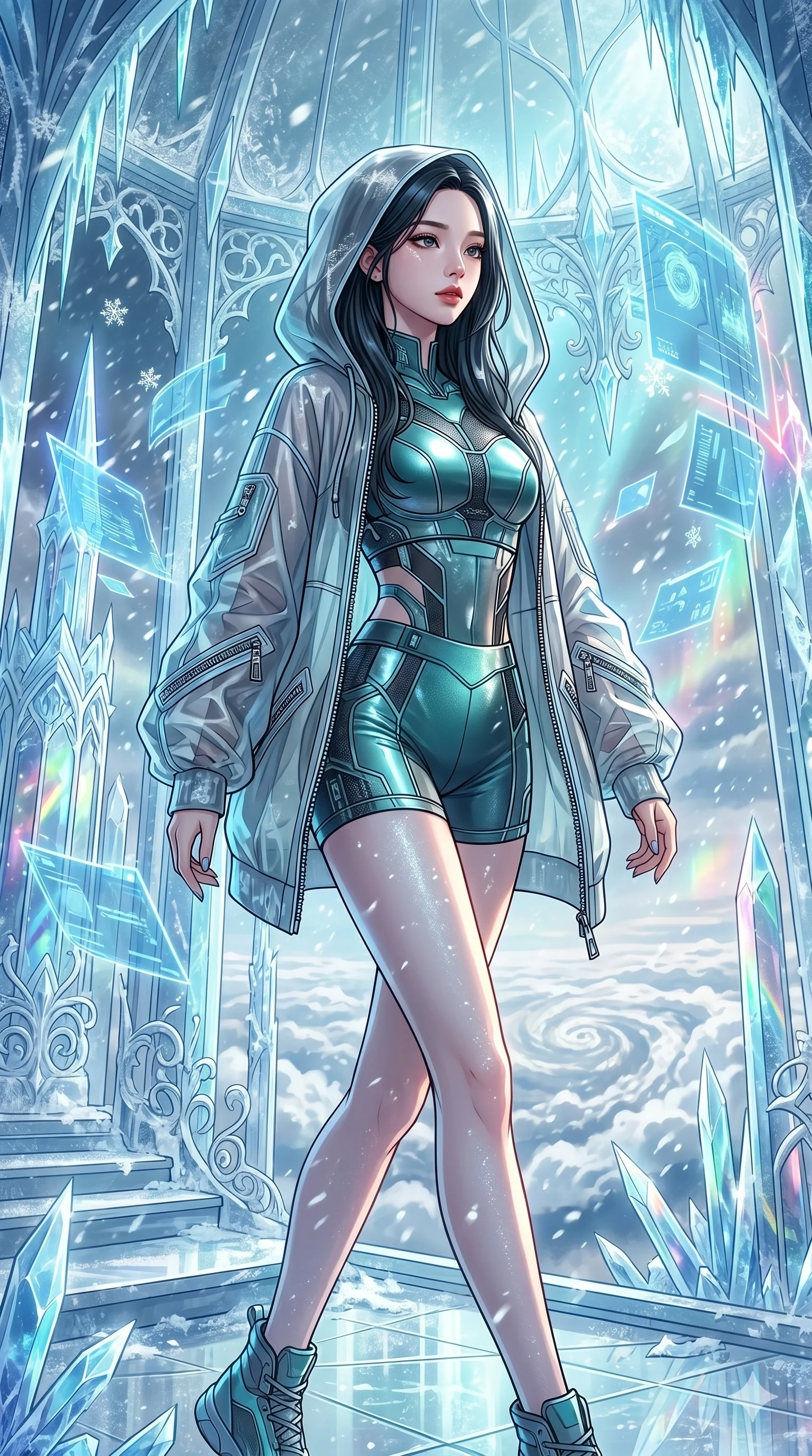 score_9, masterpiece, best quality, ultra-detailed, high-budget anime movie keyframe, cinematic anime lighting, intricate line art, Korean woman. Medium shot of upper body capturing the intricate details of her high-fashion attire. walking through a blizzard in a crystal palace above the clouds surrounded by floating data-shards. She has an absolutely perfect 8-heads proportion, an exceptionally tall and slender female figure with an ultra-slim waist and impossibly long slender legs. sharp v-shaped jawline, high-bridge nose, intricate jewel-like eyes, thick eyelashes, glossy lips. Wearing premium athleisure set with a metallic-finish compression top, high-cut yoga shorts that accentuate her long legs, and a sheer oversized hoodie. The scene is illuminated by dramatic atmospheric lighting and vibrant color palettes. , 2k, ultra detail, master piece, 9:16 ratio