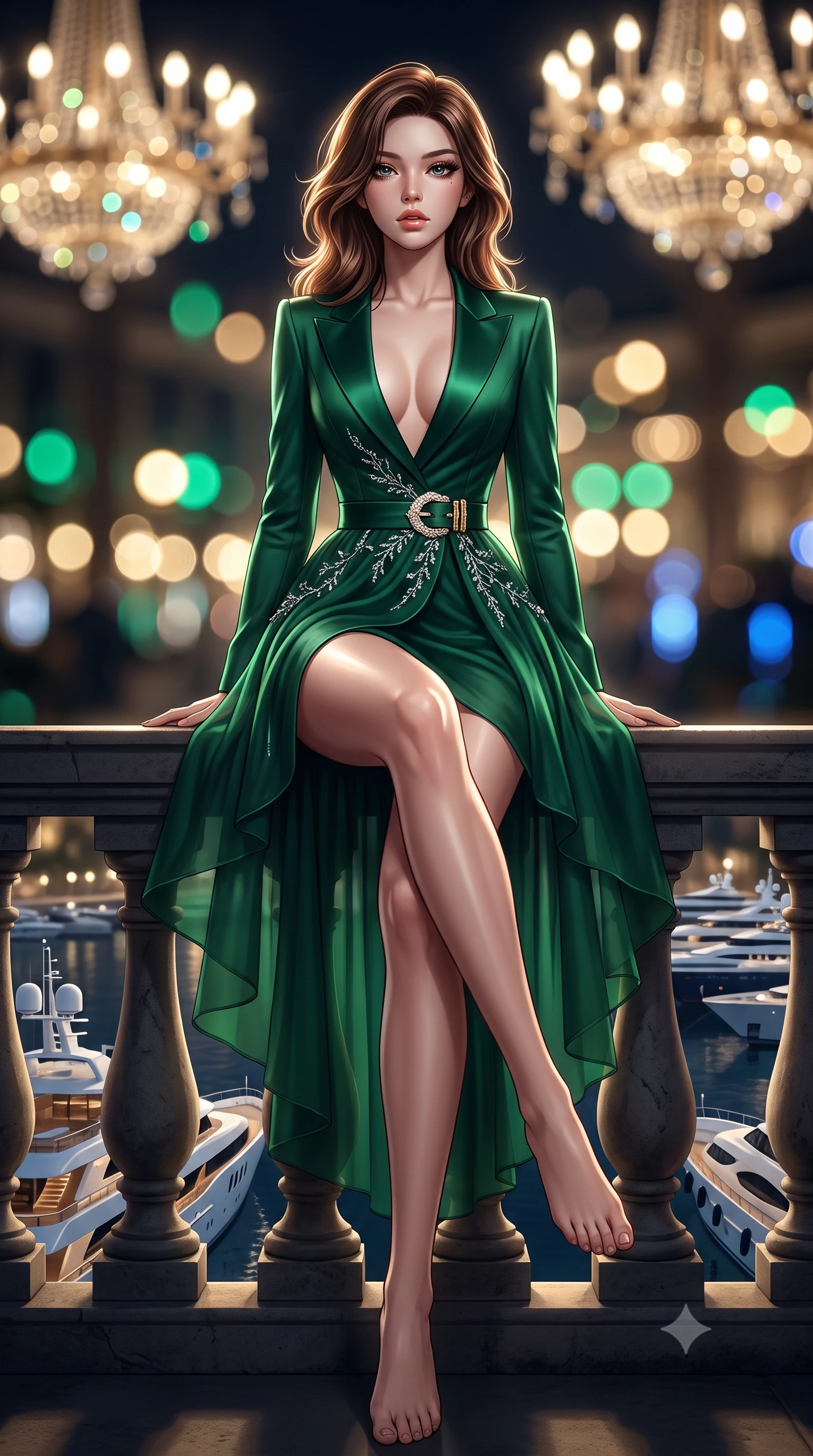 score_9, masterpiece, best quality, ultra-detailed, high-budget anime keyframe, semi-realistic 3D game render, editorial fashion photography, tasteful artistic composition, Korean woman. low angle full-body shot from head to toe showing her feet, filling the entire 9:16 vertical frame with her statuesque presence, stretching her vertical silhouette. sitting perched on the elevated edge with hips angled toward the camera and legs crossed, displaying her toned midriff and flawlessly sculpted slender limbs while striding dynamically along the marina balcony as superyacht horns echo below, her glittering backless dress tightly hugging her feminine curves. The composition keeps background elements in soft focus with creamy bokeh. glittering Monaco harbor superyacht lights and casino chandeliers blurred into champagne-gold, emerald, and sapphire bokeh. She has an absolutely perfect, statuesque 8.5-heads proportion, an exceptionally tall and slender model-like female figure with impossibly long slender legs, a toned flat midriff, an ultra-slim waist, and beautifully sculpted feminine hips. sharp v-shaped jawline, high-bridge nose, intricate jewel-like eyes with depth, thick eyelashes, glossy parted lips with a natural sheen, intensely captivating and seductive bedroom-eyes expression, flawlessly proportioned anatomical accuracy, strict slender model proportions, natural body alignment, perfectly sculpted long slender limbs, ultra-slim waistline, clean dynamic posture without body distortion. wearing a tailored tuxedo jacket dress with satin lapels, worn with a deep plunge neckline and diamond hip buckle in deep emerald green and polished gold hardware, woven from layered gossamer chiffon with a weightless sweeping drape, finished with delicate crystal frost embroidery tracing the plunging neckline, the form-contouring material adhering flawlessly to her sculpted flat midriff and slender torso, emphasizing her long leg lines and perfectly proportioned willowy build. illuminated by crisp directional spotlights sharply defining her narrow waistline, sculpted spine, and curvy hips. highly saturated vibrant anime colors, detailed shading with soft gradients, rich glossy textures, high-contrast stereoscopic depth, volumetric dynamic lighting, master piece, 9:16 ratio