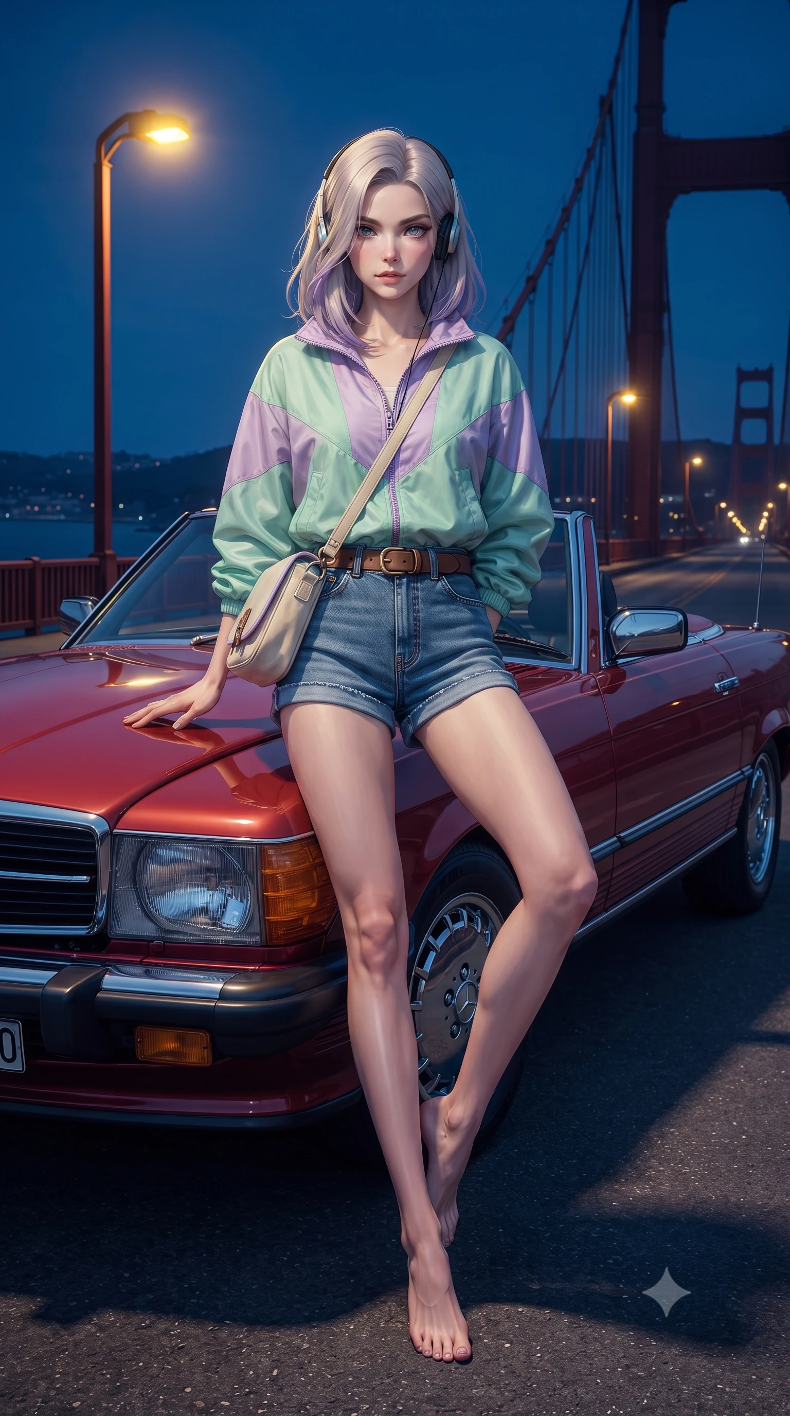score_9, masterpiece, best quality, ultra-detailed, high-budget anime keyframe, editorial fashion photography, tasteful artistic composition, Caucasian woman. low angle full-body shot from head to toe showing her feet, filling the entire 9:16 vertical frame with her statuesque presence, stretching her vertical silhouette. landing lightly on the balls of her feet in a balanced kinetic stance, eyes locked onto the camera with fearless allure while leaning against the hood of a cherry-red vintage 1980s convertible parked on a coastal suspension bridge at midnight. The surrounding environment is rendered in vivid detail and crisp panoramic clarity. sharp chrome car emblem reflections, leather upholstery stitching, and bridge steel rivets in deep focus. She has an absolutely perfect, statuesque 8.5-heads proportion, an exceptionally tall and slender model-like female figure with impossibly long slender legs, a toned flat midriff, and an ultra-slim waist. sharp v-shaped jawline, high-bridge nose, intricate jewel-like eyes with depth, thick eyelashes, glossy lips with a natural sheen, captivating and magnetic expression, flawlessly proportioned anatomical accuracy, strict slender model proportions, natural body alignment, perfectly sculpted long slender limbs, ultra-slim waistline, clean dynamic posture without body distortion. wearing a retro pastel colorblock windbreaker paired with high-waisted denim shorts and a canvas crossbody bag in pastel lilac and mint green, made of premium heavyweight washed denim and breathable cotton poplin, accessorized with a classic leather belt with brass buckle and retro on-ear foam headphones, the breezy yet form-flattering drape swaying gracefully with her steps, accentuating her long willowy limbs and slim waistline. bathed in warm yellow streetlamp illumination and cool blue midnight sky ambient fill. ultra-reflective glossy finish, specular highlights, rich textural contrasts, high-contrast stereoscopic depth, volumetric dynamic lighting, 2k, ultra detail, master piece, 9:16 ratio