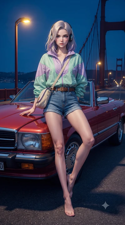 score_9, masterpiece, best quality, ultra-detailed, high-budget anime keyframe, editorial fashion photography, tasteful artistic composition, Caucasian woman. low angle full-body shot from head to toe showing her feet, filling the entire 9:16 vertica