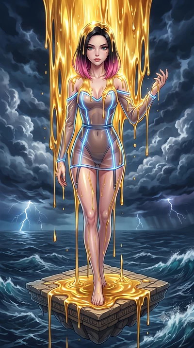 score_9, masterpiece, best quality, ultra-detailed, High-budget Anime Keyframe, East Asian woman. Dynamic full-body shot stretching the vertical silhouette to the limit. Scenario 342: standing under a waterfall of liquid gold, the fluid coating her f
