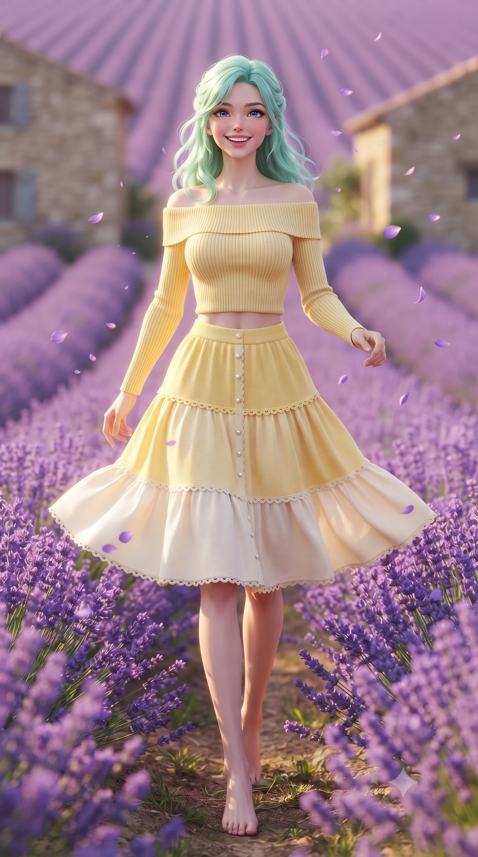 score_9, masterpiece, best quality, ultra-detailed, high-budget anime keyframe, editorial fashion photography, tasteful artistic composition, Japanese woman. low angle full-body shot from head to toe showing her feet, filling the entire 9:16 vertical frame with her statuesque presence, stretching her vertical silhouette. walking forward in a cheerful, dynamic stride with a radiant beaming smile, her statuesque silhouette filling the frame while twirling cheerfully between vibrant purple lavender ridges as delicate violet petals flutter in the air. The composition keeps background elements in soft focus with creamy bokeh. endless rolling purple lavender fields and vintage stone cottage walls blurred into dreamy violet and golden bokeh. She has an absolutely perfect, statuesque 8.5-heads proportion, an exceptionally tall and slender model-like female figure with impossibly long slender legs, a toned flat midriff, and an ultra-slim waist. sharp v-shaped jawline, high-bridge nose, intricate jewel-like eyes with depth, thick eyelashes, glossy lips with a natural sheen, pure and lovely fresh girlhood expression, flawlessly proportioned anatomical accuracy, strict slender model proportions, natural body alignment, perfectly sculpted long slender limbs, ultra-slim waistline, clean dynamic posture without body distortion. wearing a fresh off-shoulder ribbed knit top paired with a tiered white cotton midi skirt in fresh buttercup yellow and clean cream white, knitted from ultra-soft cozy baby-cashmere yarn, finished with delicate scallop trims and tiny pearl buttons, the breezy lightweight fabric fluttering softly against her delicate collarbones, narrow waist, and feminine curves. surrounded by a romantic, sweet, and wonderfully heartwarming cottagecore girlhood aura. ultra-reflective glossy finish, specular highlights, rich natural textures, high-contrast stereoscopic depth, volumetric dynamic lighting, 2k, ultra detail, master piece, 9:16 ratio