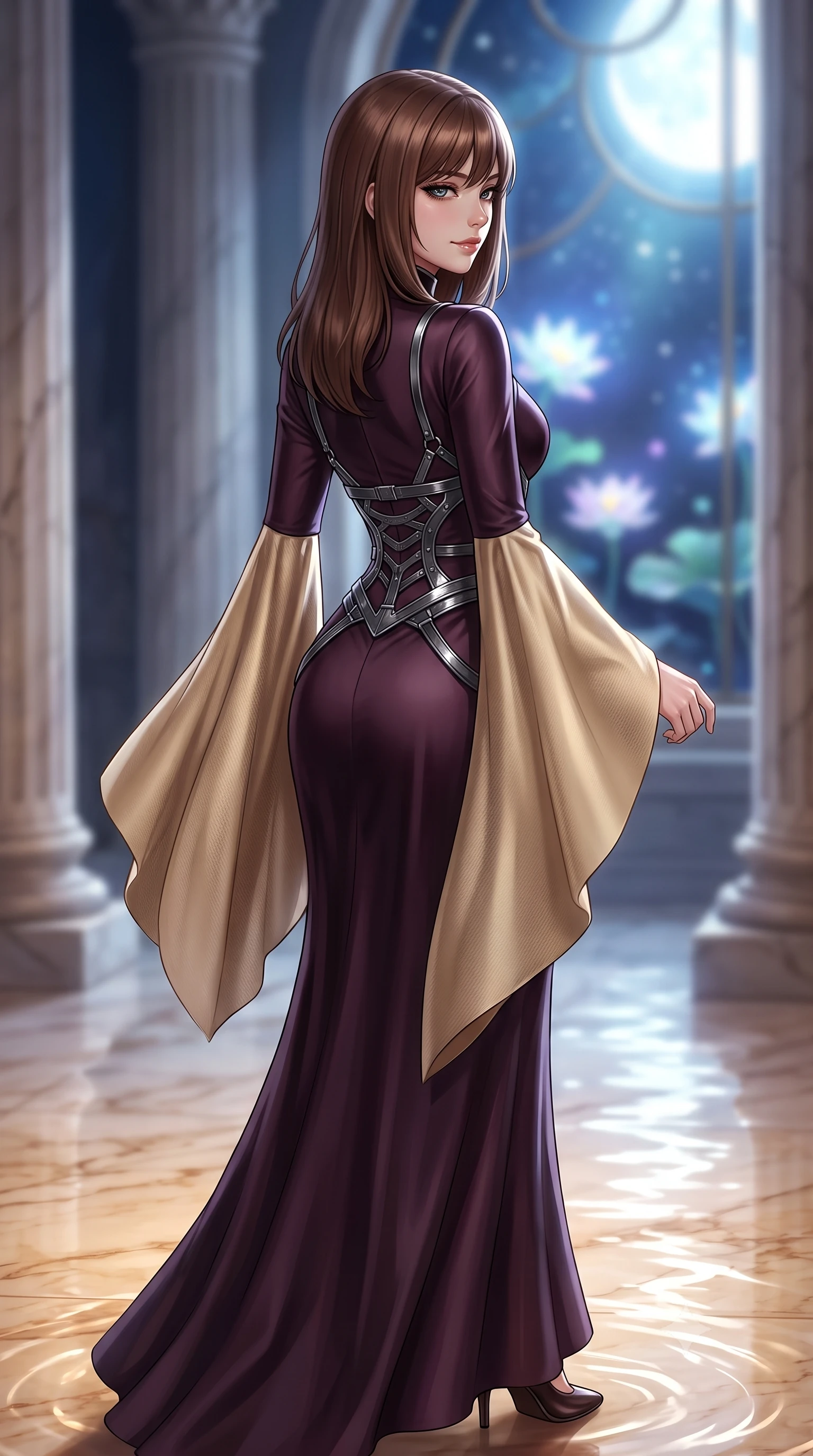score_9, masterpiece, best quality, ultra-detailed, high-budget anime keyframe, editorial fashion photography, tasteful artistic composition, Korean woman. close-up cowboy shot from the waist and thighs up, the character dominates the composition, filling the frame with her large presence, background elements kept in soft focus. Glancing sidelong over her shoulder with a smoldering, enigmatic half-smile, stepping gracefully onto a warm marble floor glinting with moonlit ripples, divine celestial beauty with intense sensual presence. She has an exceptionally elegant, slender, and willowy female figure with an ultra-slim waist, a gracefully sculpted slender torso, and a refined silhouette. sharp v-shaped jawline, high-bridge nose, intricate jewel-like eyes with depth, thick eyelashes, glossy lips with a natural sheen. wearing gothic high-collar dark plum silk evening gown with bell sleeves in champagne gold, made of matte carbon-fiber weave, highlighted by a gunmetal metallic harness structure, sculpting her athletic slender build with refined precision. bathed in subtle lotus bioluminescence and bright marble highlights. highly saturated vibrant anime colors, detailed shading with soft gradients, rich glossy textures, high-contrast stereoscopic depth, volumetric dynamic lighting, master piece, 9:16 ratio