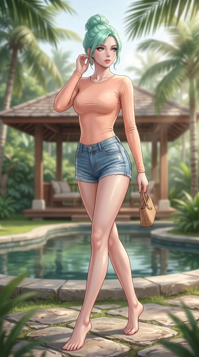 score_9, masterpiece, best quality, ultra-detailed, high-budget anime keyframe, editorial fashion photography, tasteful artistic composition, Japanese woman woman. low angle full-body shot from head to toe showing her feet, filling the entire 9:16 ve