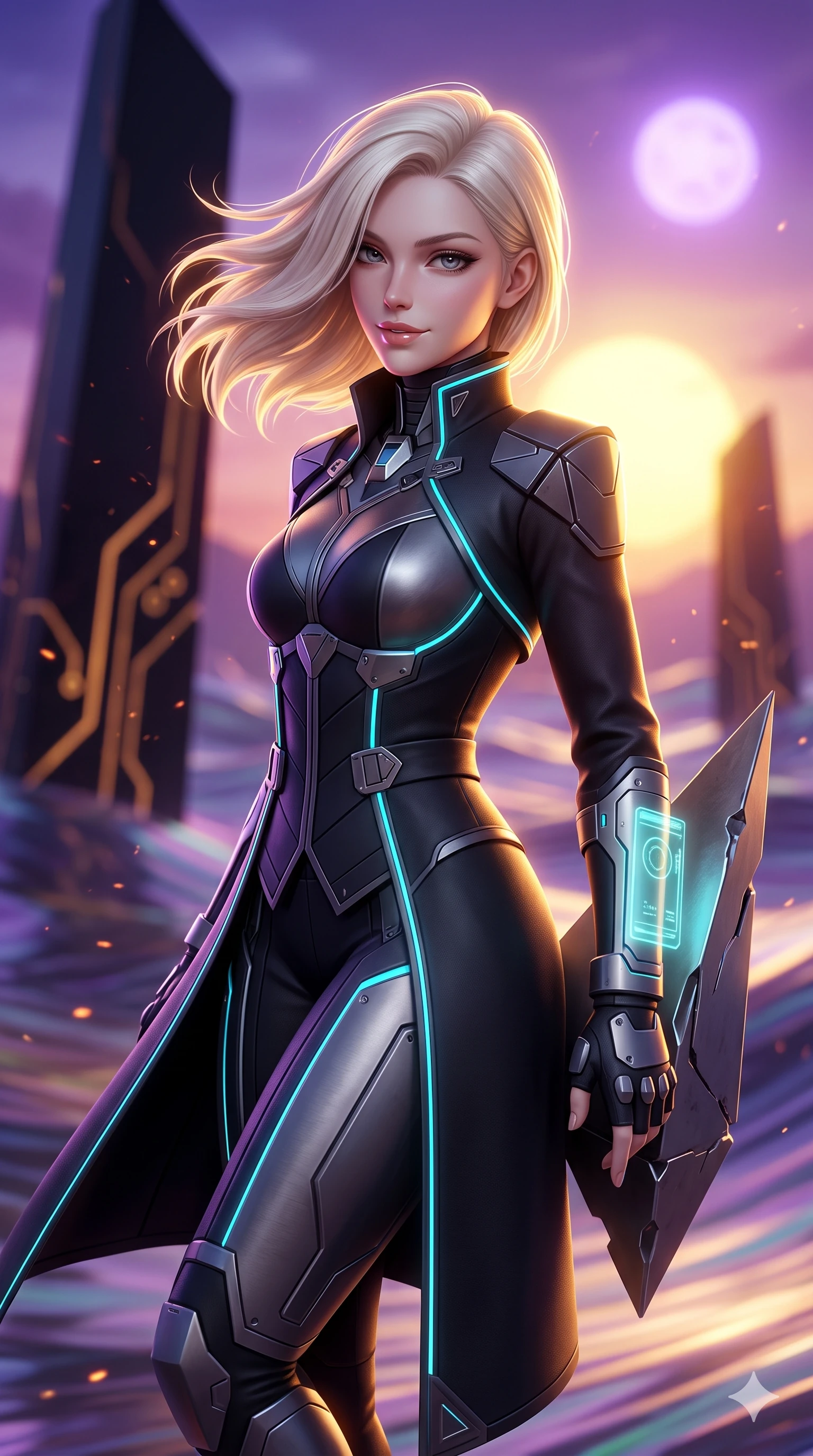 score_9, masterpiece, best quality, ultra-detailed, high-budget anime keyframe, semi-realistic 3D game render, editorial fashion photography, tasteful artistic composition, Caucasian woman. close-up cowboy shot from the waist and thighs up, the character dominates the composition, filling the frame with her large presence. turning slowly with an enchanting smoldering smile, her glossy hair tossing as her hips angle gracefully in a captivating contrapposto while leaning against a floating geometric metal shard with hips cocked back, casting an alluring bedroom-gaze over the twin-sun sunset. The background shows a soft-focus colossal geometric black obsidian monoliths, glowing alien circuit veins, and endless ripples of iridescent glass dunes blurred into violet, amber, and obsidian bokeh. She has an exceptionally elegant, slender, and willowy female figure with an ultra-slim waist, flat toned midriff, narrow ribcage, and sculpted feminine hips creating an alluring, slim hourglass silhouette without bulk. sharp v-shaped jawline, high-bridge nose, intricate jewel-like sparkling eyes with depth, thick eyelashes, glossy parted lips with a natural sheen, bright confident smile with an enchanting and coquettish sensual glint, exuding both youthful magnetic charm and sovereign high-tech allure, flawlessly proportioned anatomical accuracy, strict slender model proportions, natural body alignment, perfectly sculpted long slender limbs, ultra-slim waistline, clean dynamic posture without body distortion. wearing a bespoke orbital diplomatic uniform with structured geometric epaulets and a tailored waistline in matte obsidian black and glowing neon cyan trim, tailored from brushed aeronautical titanium alloy with matte satin sheen, complemented by fingerless armored tactical gloves and a glowing holographic wrist terminal, the impeccably tailored cut draping gracefully along her slender figure with aristocratic poise. bathed in the dramatic dual illumination of a golden-yellow sun and a violet-dwarf companion star creating double rim lights. highly saturated vibrant anime colors, detailed shading with soft gradients, rich glossy textures, high-contrast stereoscopic depth, volumetric dynamic lighting, master piece, 9:16 ratio