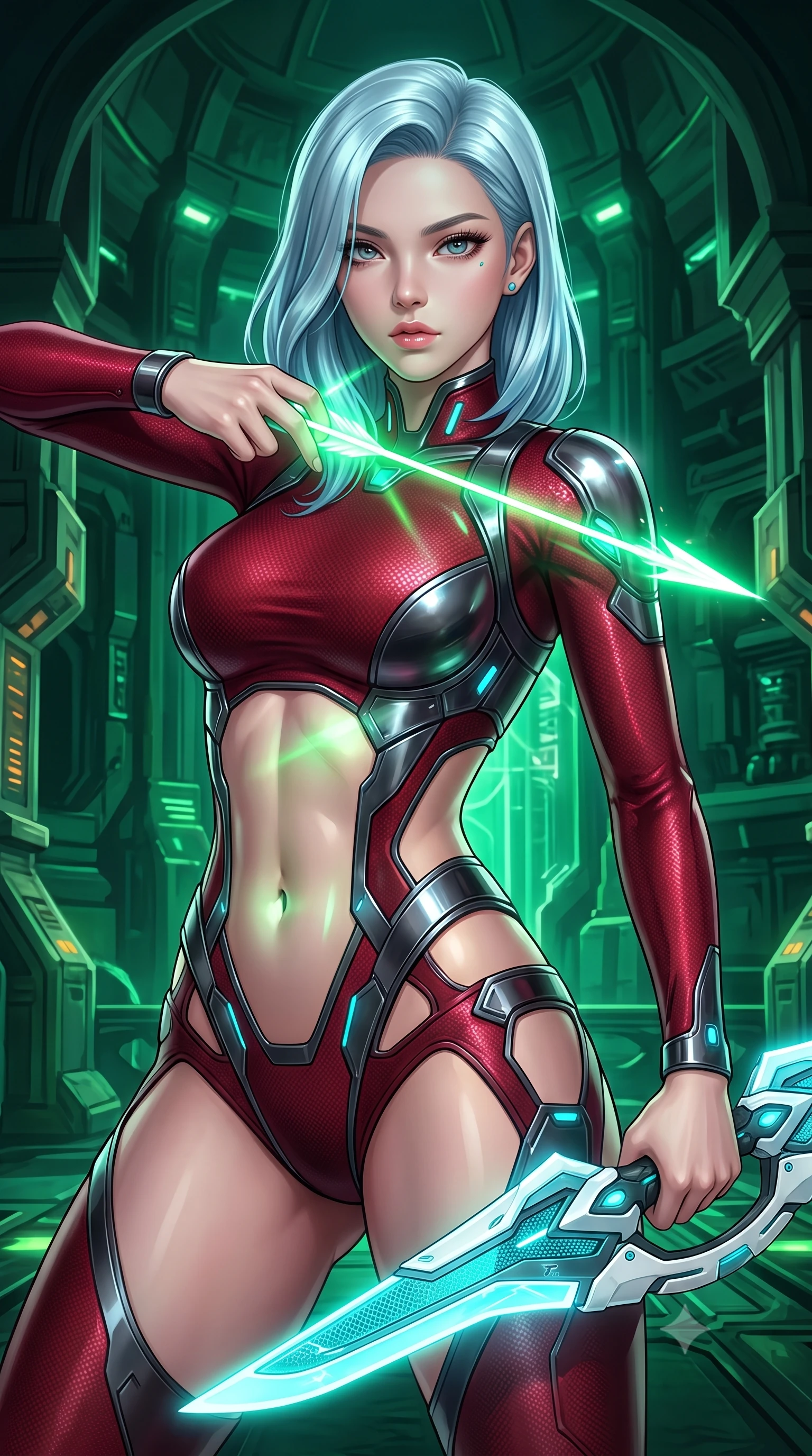 score_9, masterpiece, best quality, ultra-detailed, high-budget anime keyframe, semi-realistic 3D game render, editorial fashion photography, tasteful artistic composition, Korean woman. close-up cowboy shot from the waist and thighs up, the character dominates the composition, filling the frame with her large presence. looking into the camera lens with intense, captivating depth, softly parted glossy lips and thick eyelashes framing her fierce battle-ready gaze while pivoting dynamically as a pure photon arrow forms in her fingers, casting radiant green light across her sculpted flat midriff. The surrounding environment is rendered in vivid detail and crisp panoramic clarity. rich emerald chiaroscuro and high-tech subterranean power plant architecture captured with sharpness. She has an exceptionally elegant, slender, and willowy female figure with an ultra-slim waist, a gracefully sculpted slender torso, toned flat midriff, and a refined slim silhouette. sharp v-shaped jawline, high-bridge nose, intricate jewel-like eyes with depth, thick eyelashes, glossy lips with a natural sheen, flawlessly proportioned anatomical accuracy, strict slender model proportions, natural body alignment, perfectly sculpted long slender limbs, ultra-slim waistline, clean dynamic posture without body distortion. wearing a skin-tight crimson carbon-weave combat leotard with metallic dark chrome plating and hip-accentuating cutouts, holding twin glowing high-frequency vibro-blades with effortless supermodel poise in glacial ice-cyan carbon mesh with pure white armor plates, made of liquid carbon-jersey fabric adhering flawlessly to her sculpted silhouette, featuring a sleek aerodynamic collar framed by subtle glowing cybernetic status LEDs, the liquid-tight tailored fabric emphasizing every curve of her tall, slender model proportions and sculptured silhouette during dynamic movement. surrounded by a sacred, mystical, and breathtakingly powerful high-tech archer goddess atmosphere. rich saturated anime colors with glowing neon highlights, detailed shading with soft gradients, rich glossy textures, high-contrast stereoscopic depth, volumetric dynamic lighting, master piece, 9:16 ratio